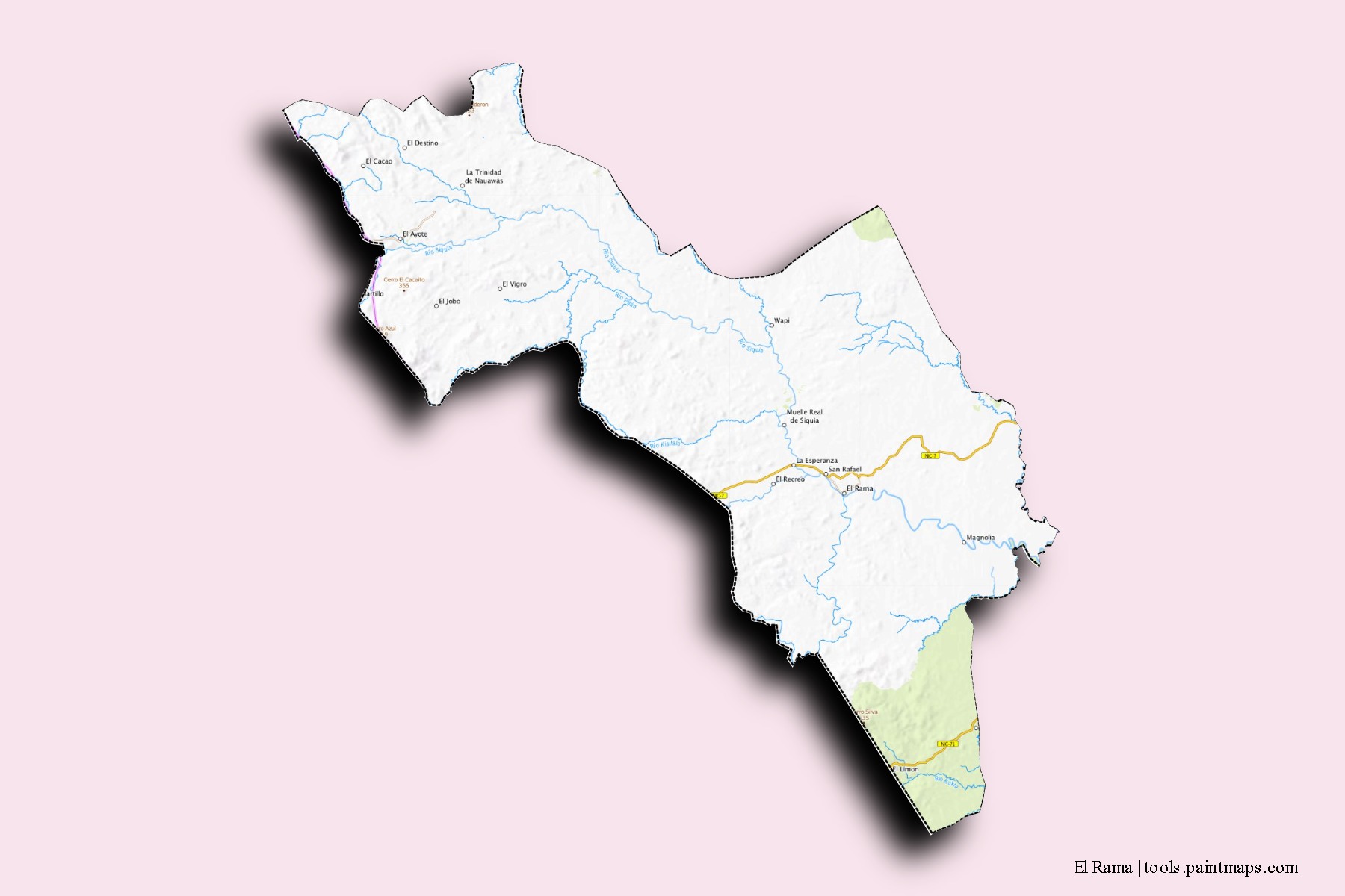 Mapa de barrios y pueblos de El Rama con efecto de sombra 3D