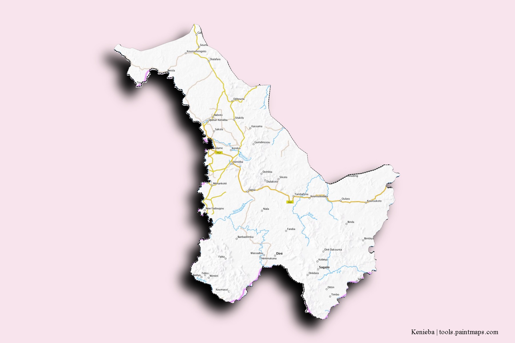 Kenieba neighborhoods and villages map with 3D shadow effect