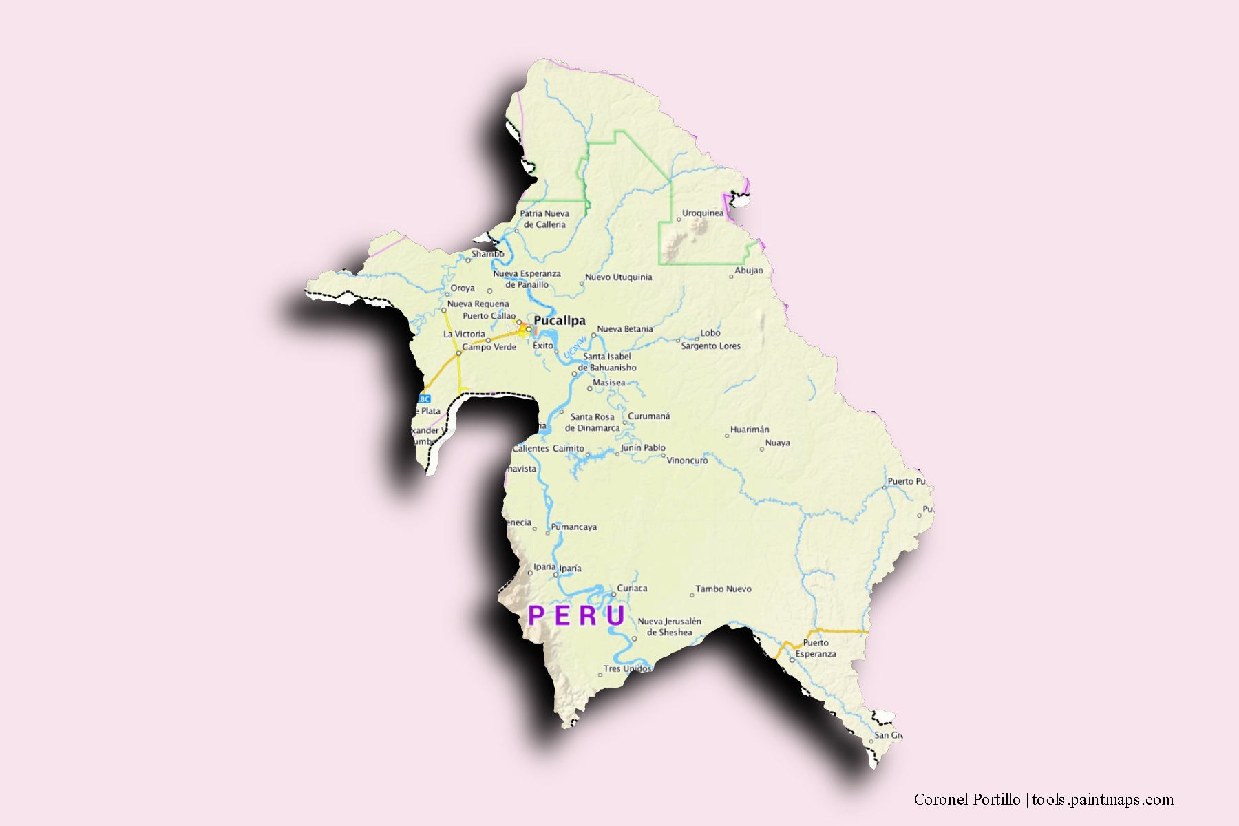 Mapa de barrios y pueblos de Coronel Portillo con efecto de sombra 3D