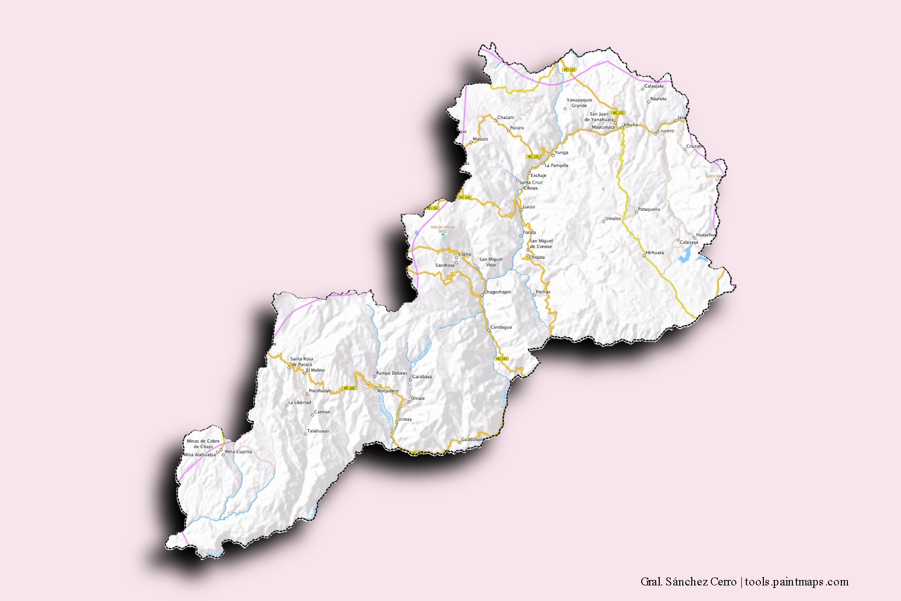 Mapa de barrios y pueblos de Gral. Sánchez Cerro con efecto de sombra 3D