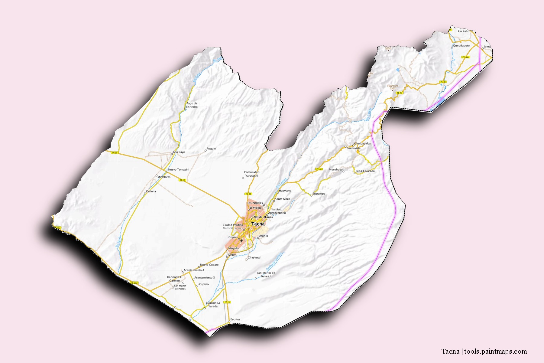 Mapa de barrios y pueblos de Tacna con efecto de sombra 3D