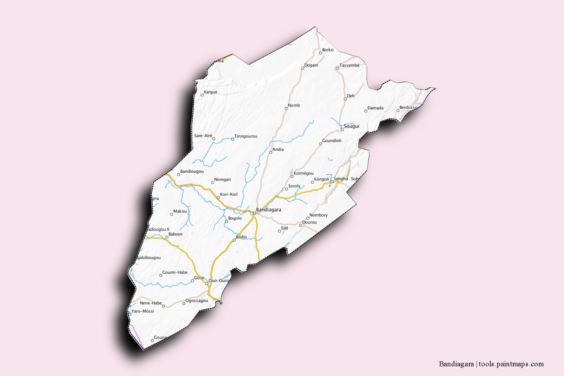 Mapa de barrios y pueblos de Bandiagara con efecto de sombra 3D