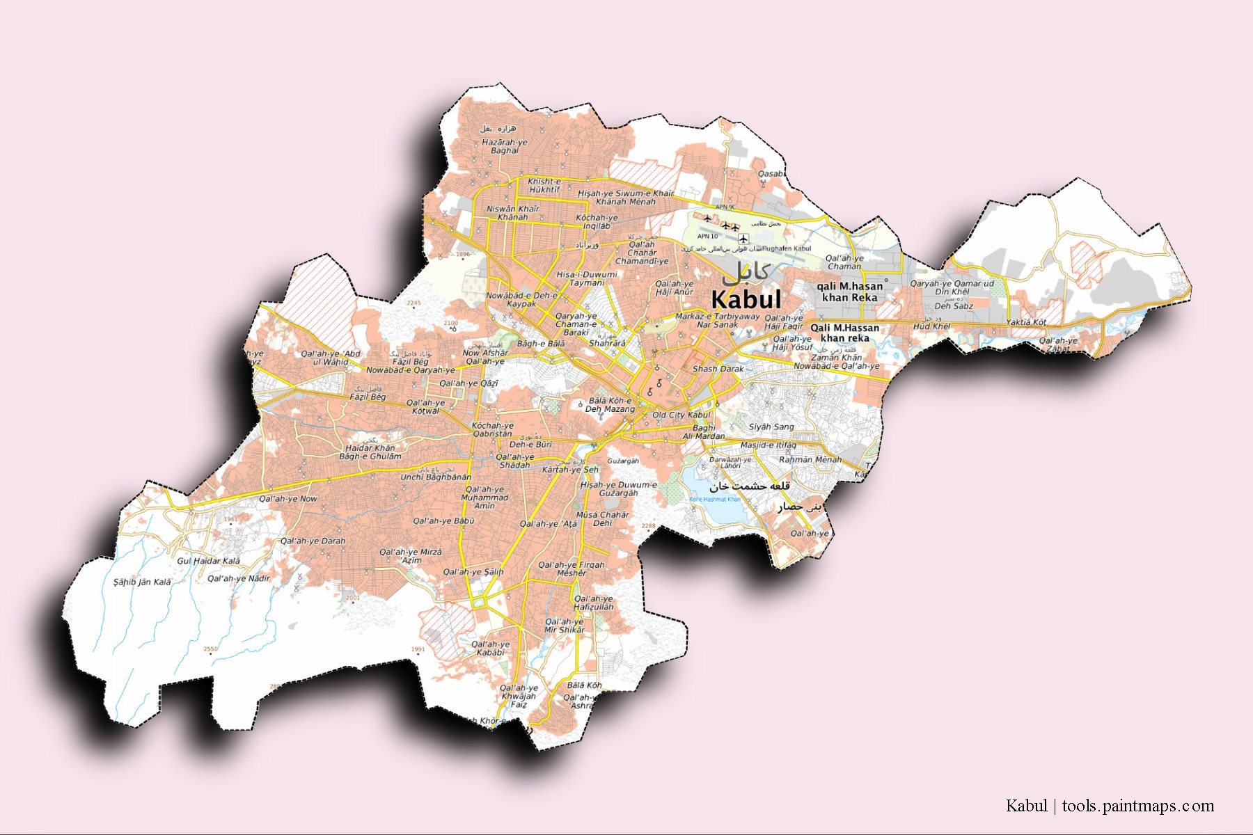 Kabul neighborhoods and villages map with 3D shadow effect