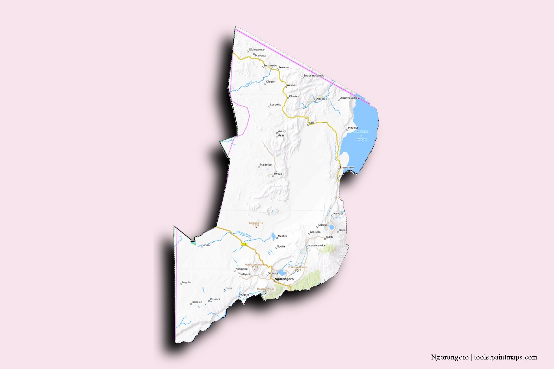 Ngorongoro neighborhoods and villages map with 3D shadow effect