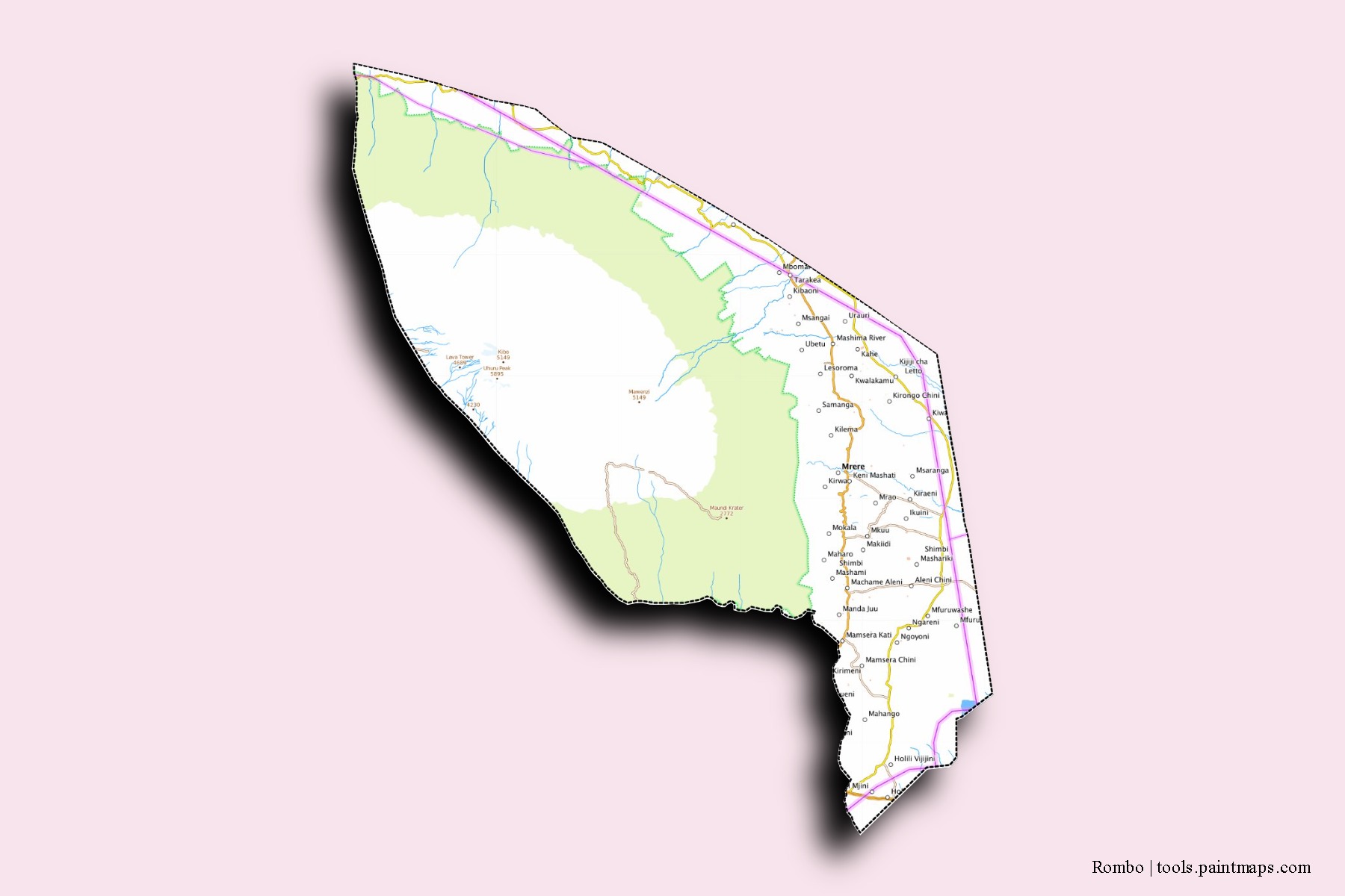 Mapa de barrios y pueblos de Rombo con efecto de sombra 3D