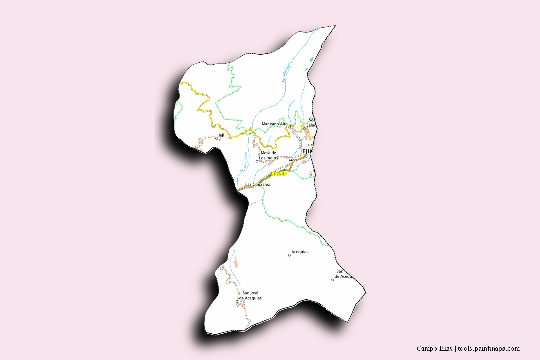 Mapa de barrios y pueblos de Campo Elias con efecto de sombra 3D