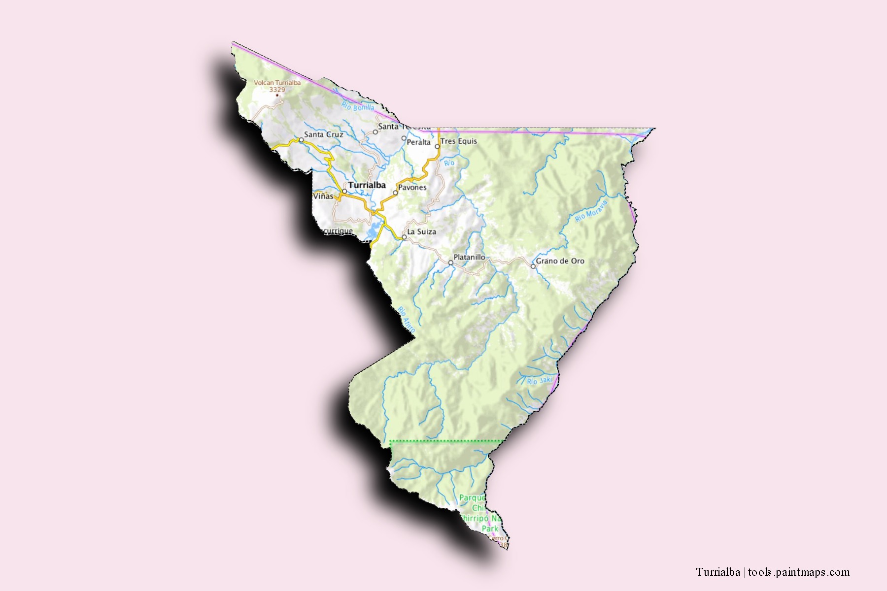 Turrialba neighborhoods and villages map with 3D shadow effect