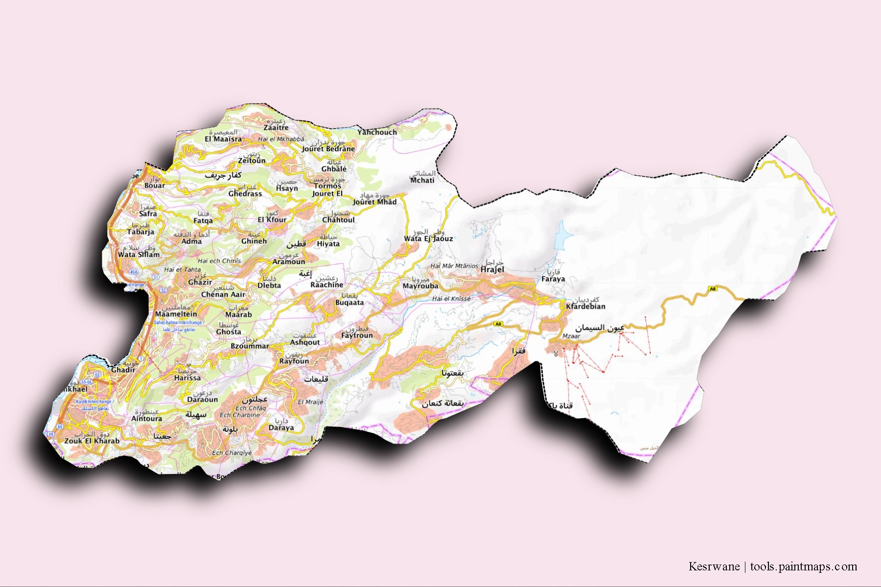 Kesrouan neighborhoods and villages map with 3D shadow effect