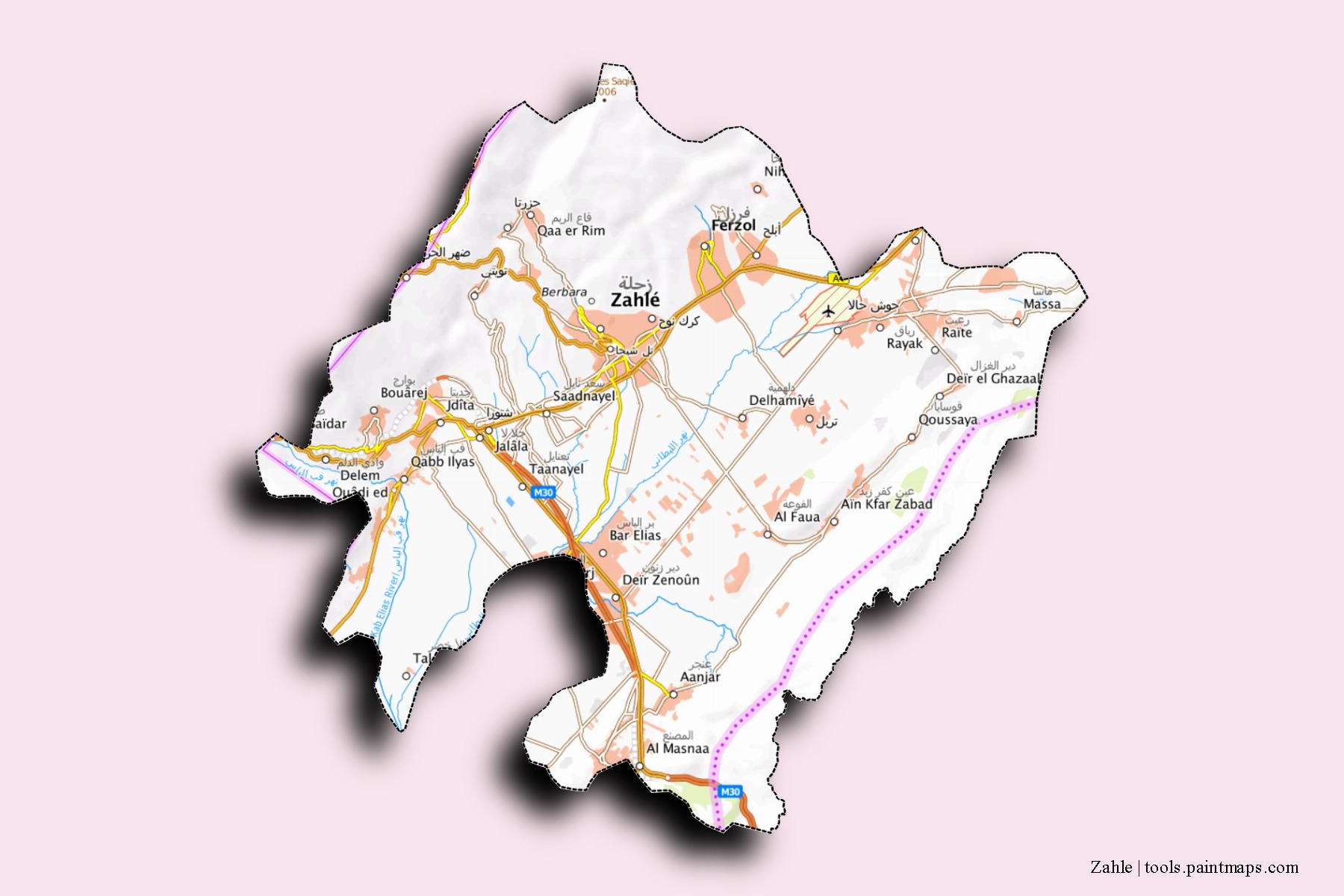 Zahlé neighborhoods and villages map with 3D shadow effect