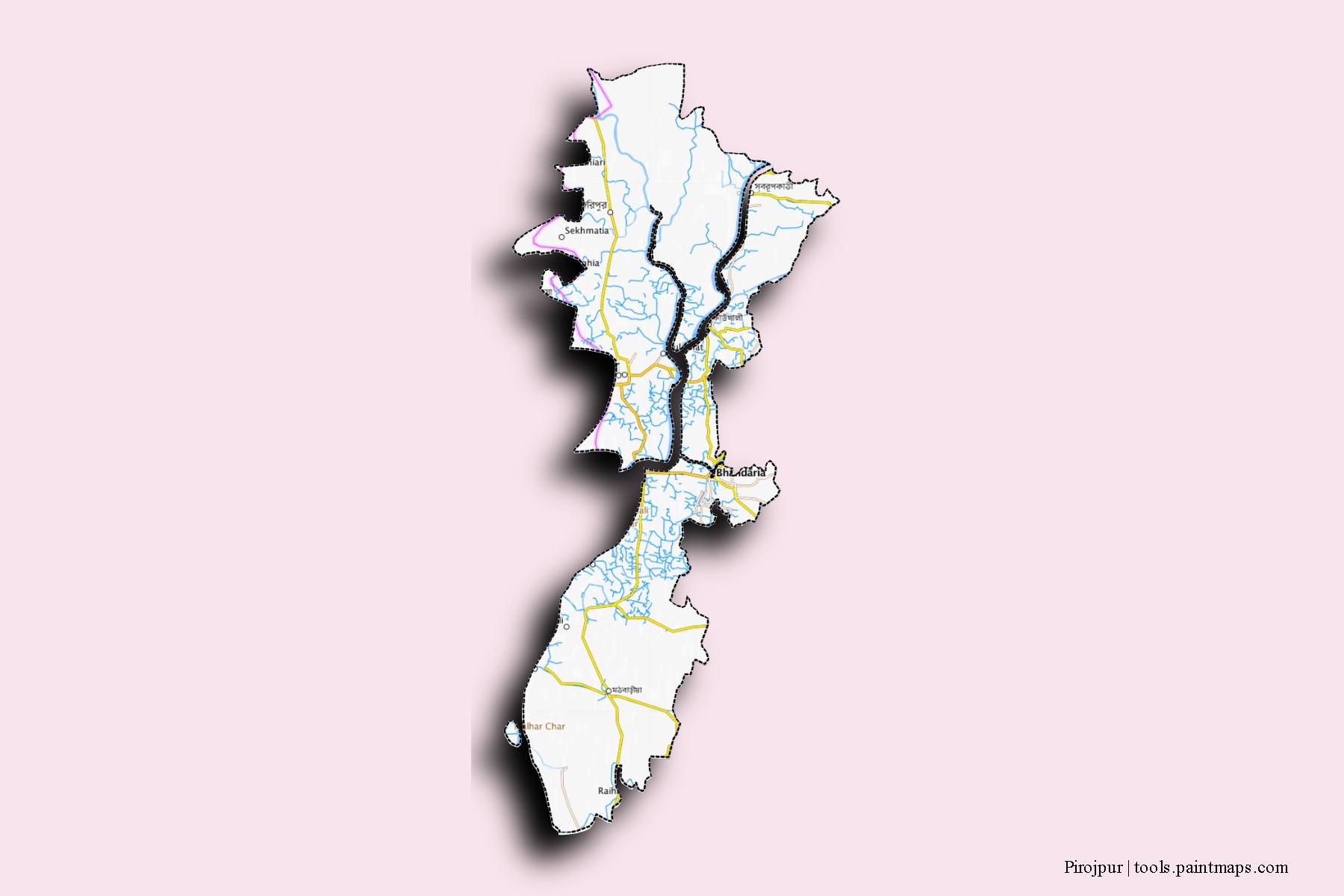 Mapa de barrios y pueblos de Pirojpur con efecto de sombra 3D