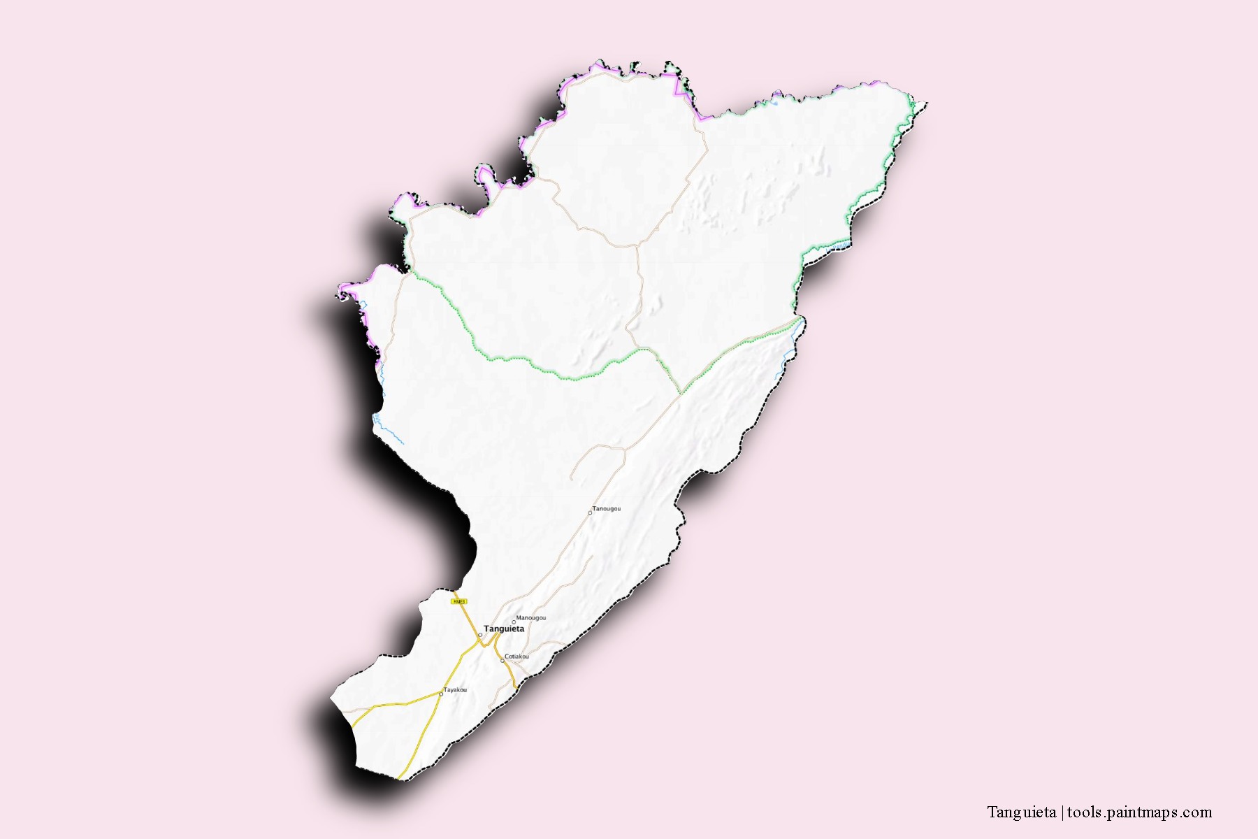 Mapa de barrios y pueblos de Tanguieta con efecto de sombra 3D