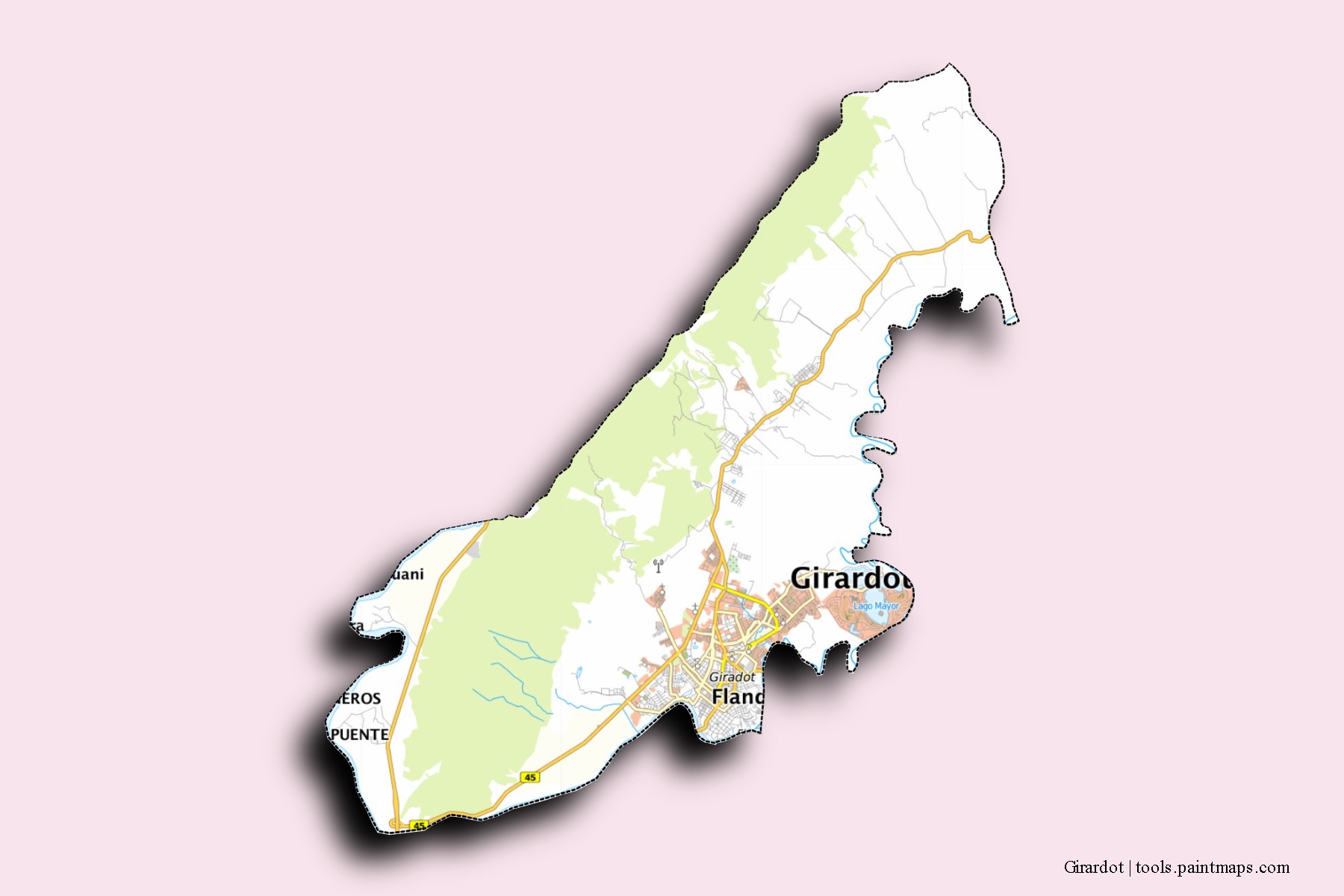 Girardot neighborhoods and villages map with 3D shadow effect