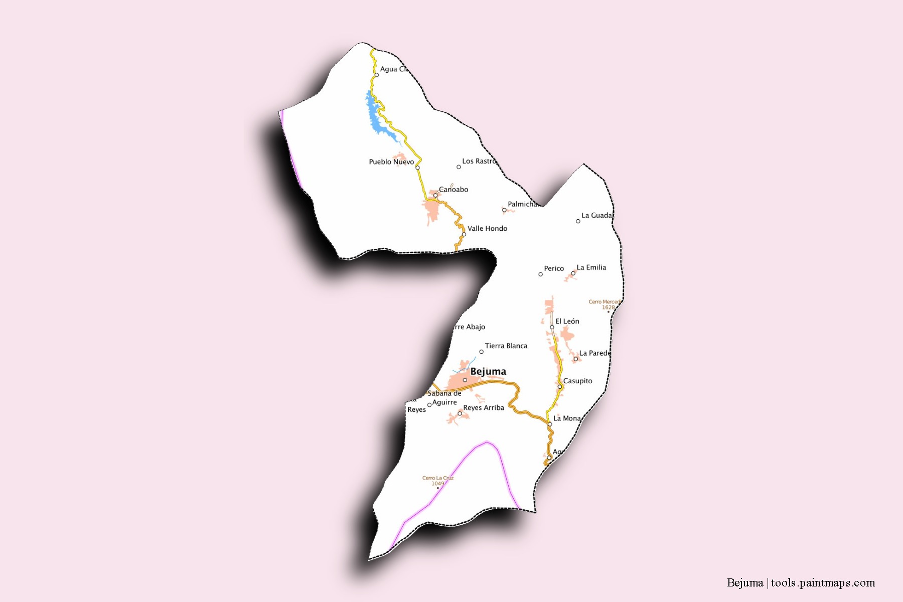 Mapa de barrios y pueblos de Bejuma con efecto de sombra 3D