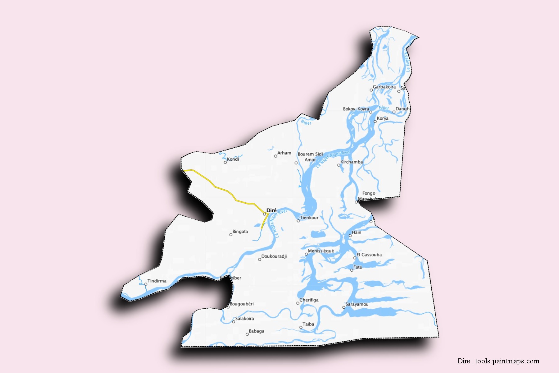 Mapa de barrios y pueblos de Dire con efecto de sombra 3D