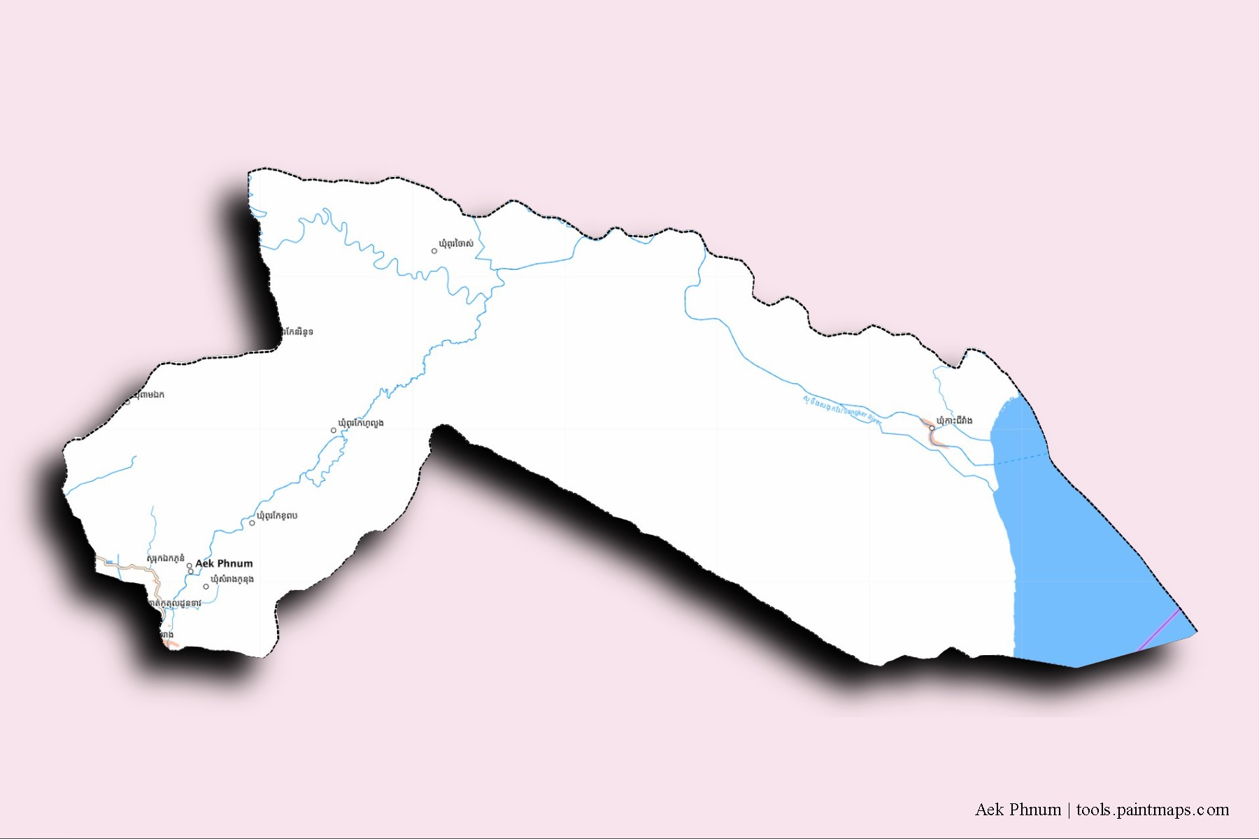 Aek Phnum neighborhoods and villages map with 3D shadow effect