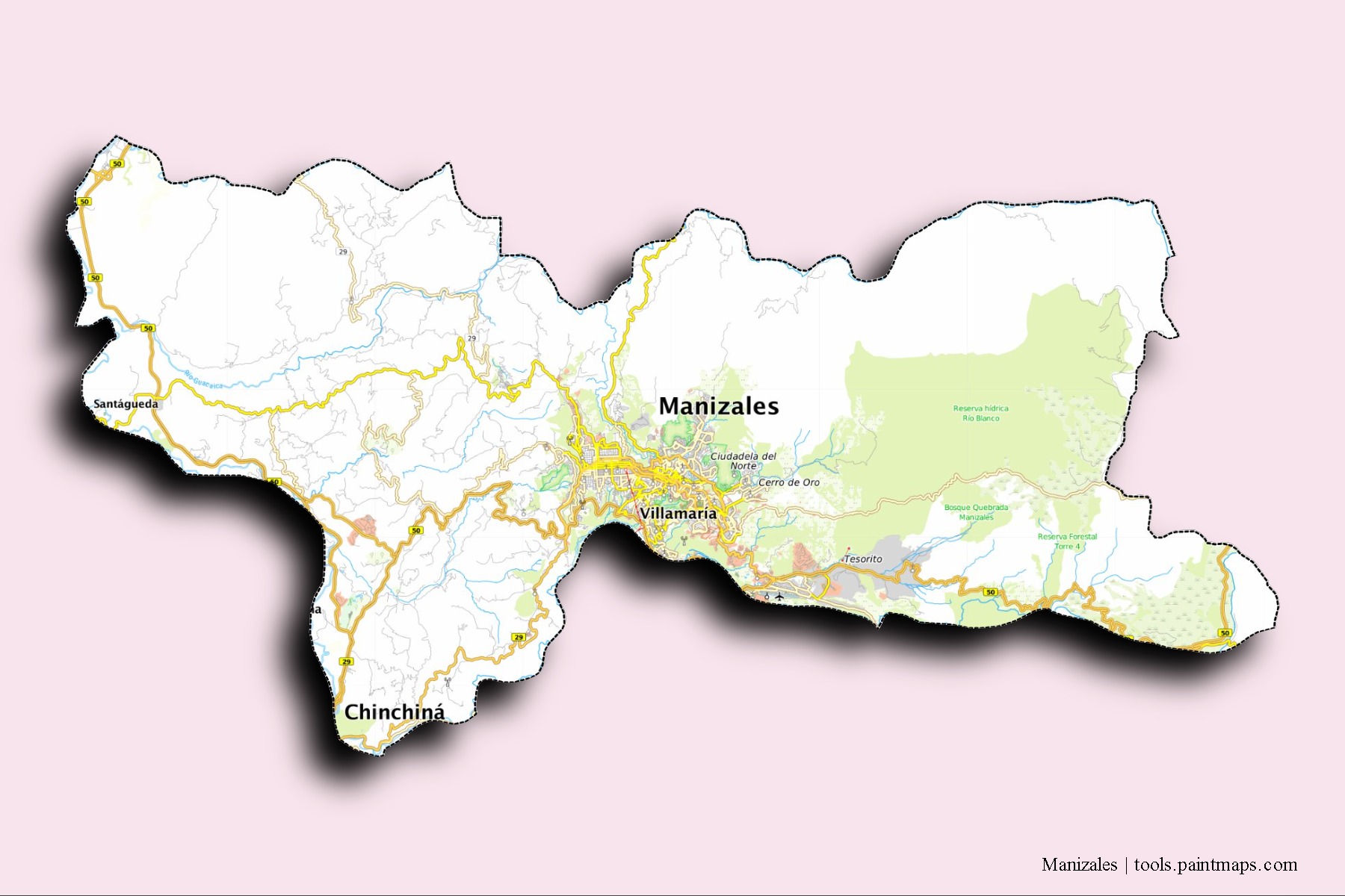 Manizales neighborhoods and villages map with 3D shadow effect