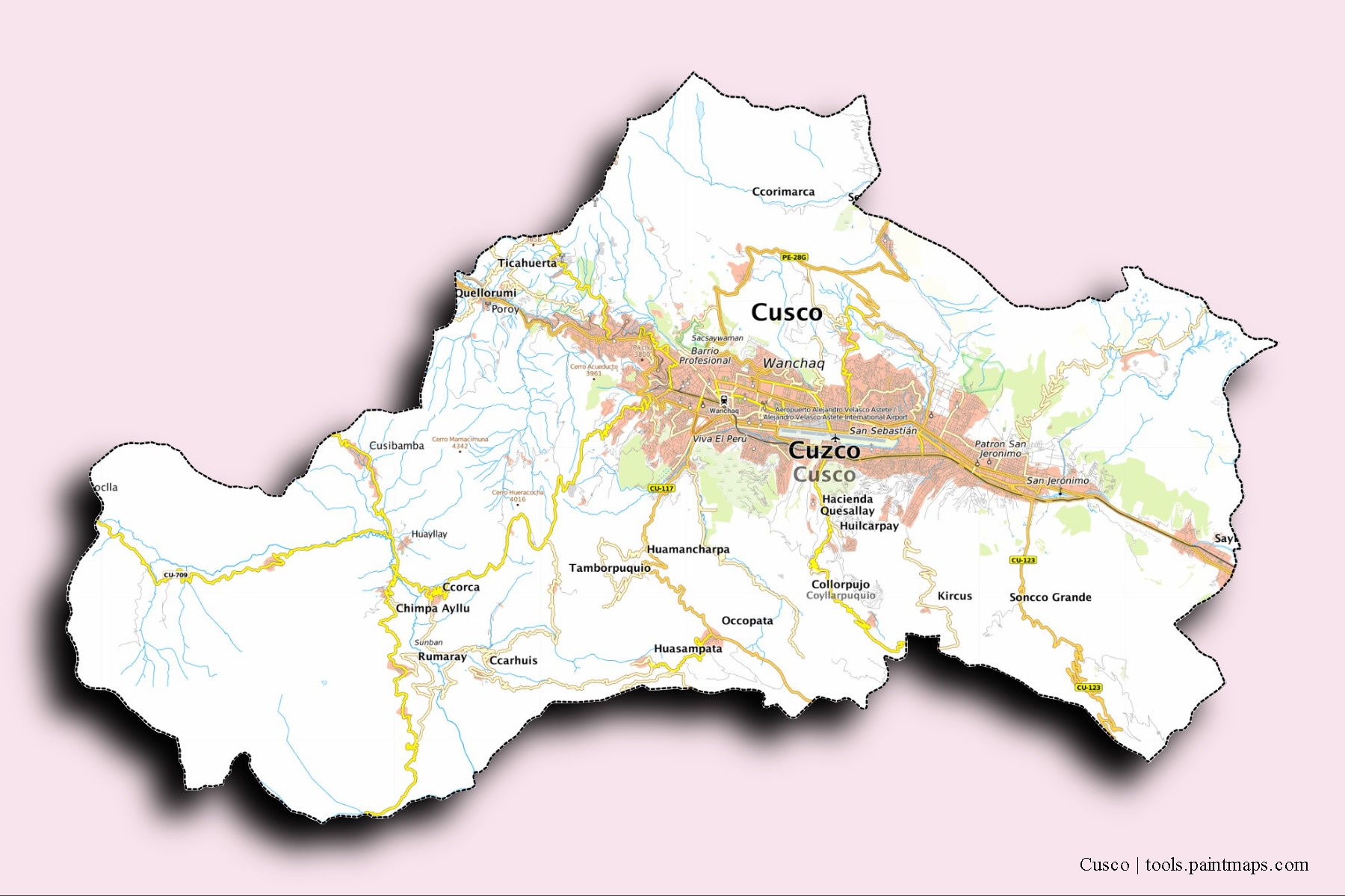 Cusco neighborhoods and villages map with 3D shadow effect