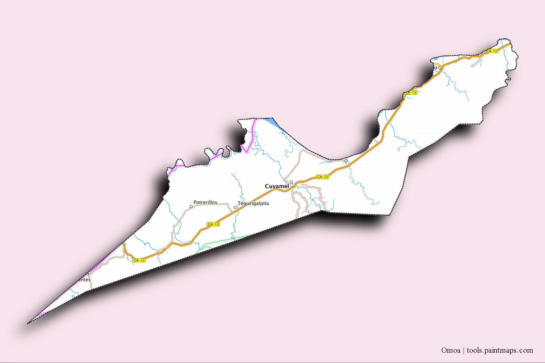 Mapa de barrios y pueblos de Omoa con efecto de sombra 3D