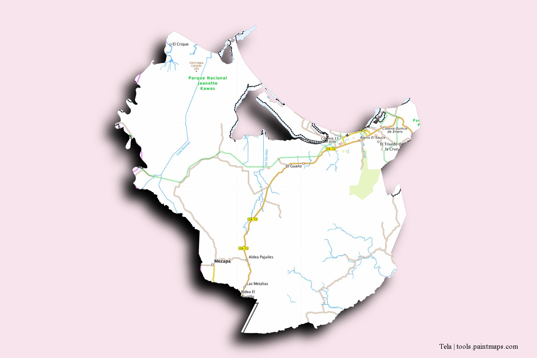 Mapa de barrios y pueblos de Tela con efecto de sombra 3D