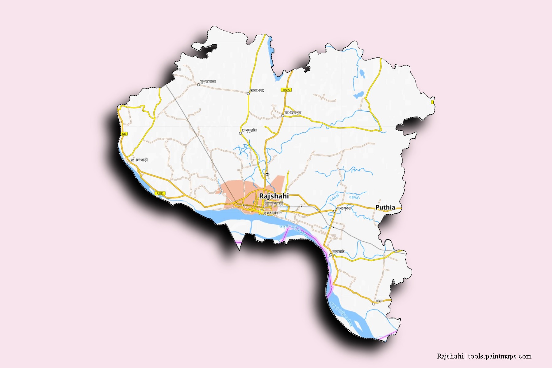 Mapa de barrios y pueblos de Rajshahi con efecto de sombra 3D