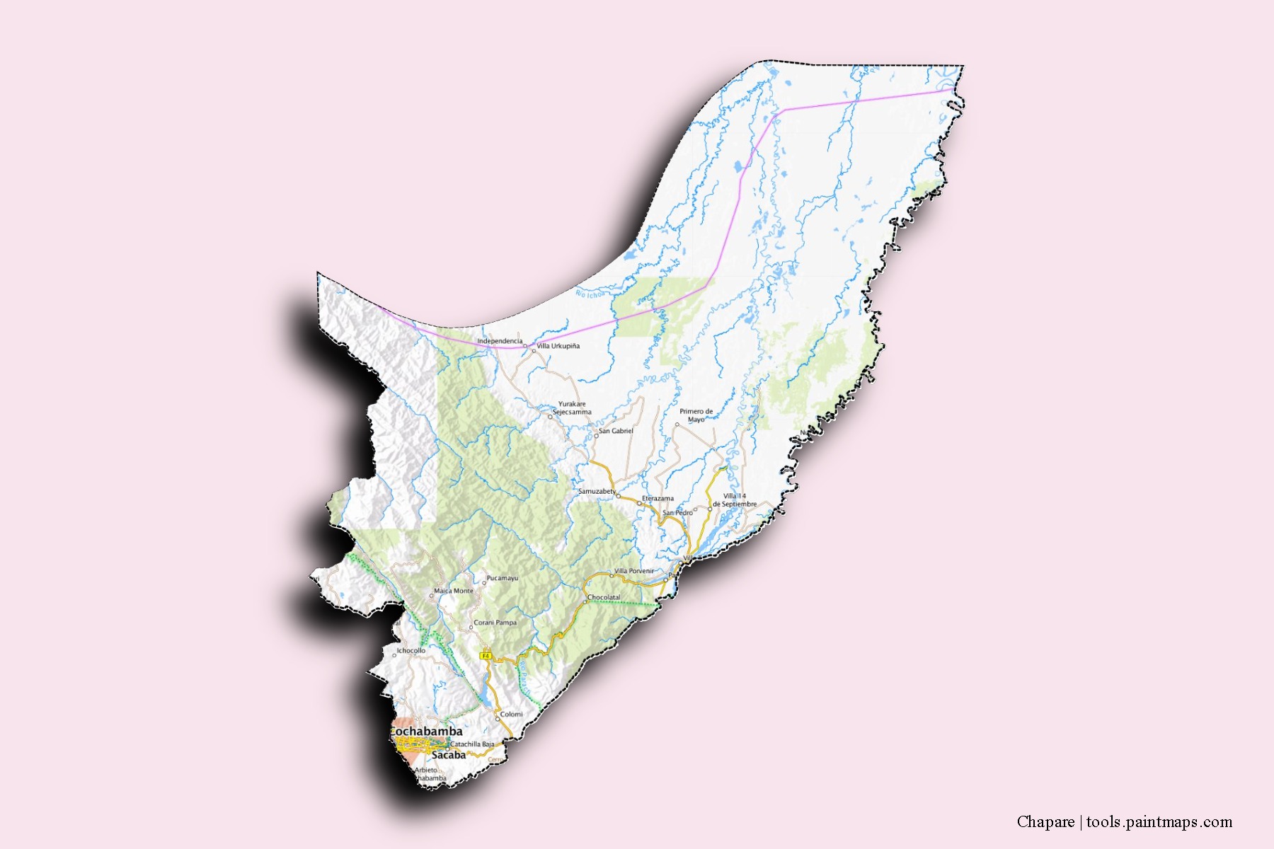 Chapare neighborhoods and villages map with 3D shadow effect