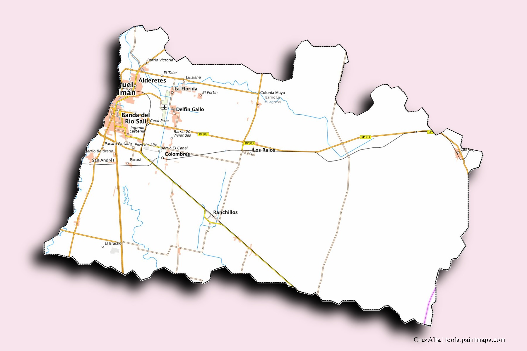 Cruz Alta neighborhoods and villages map with 3D shadow effect