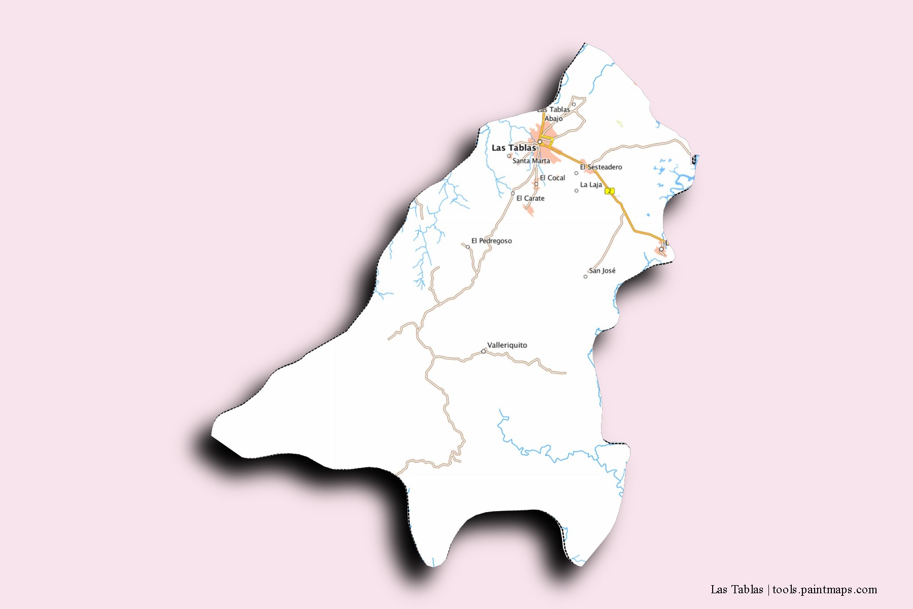 Mapa de barrios y pueblos de Las Tablas con efecto de sombra 3D