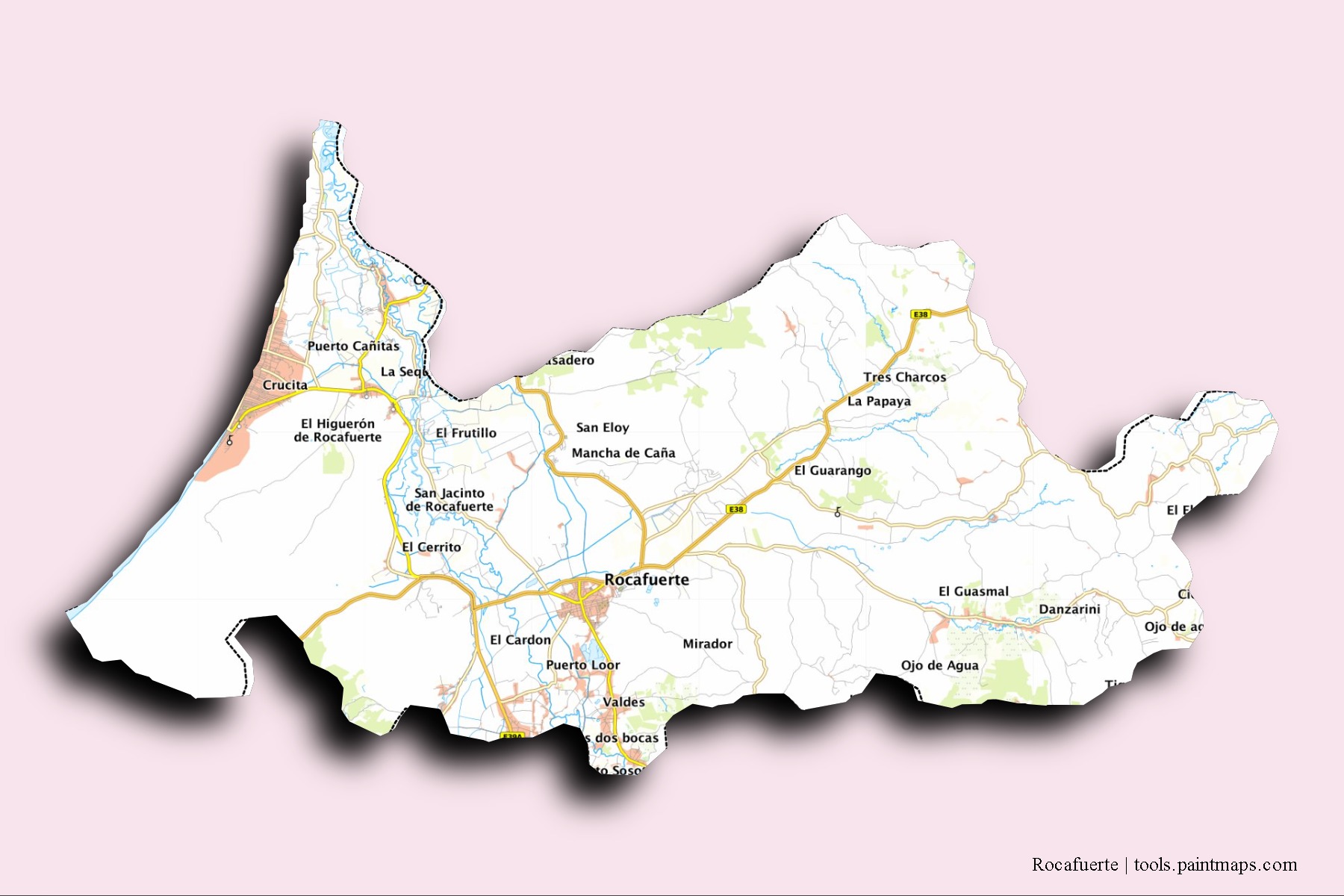 Rocafuerte neighborhoods and villages map with 3D shadow effect