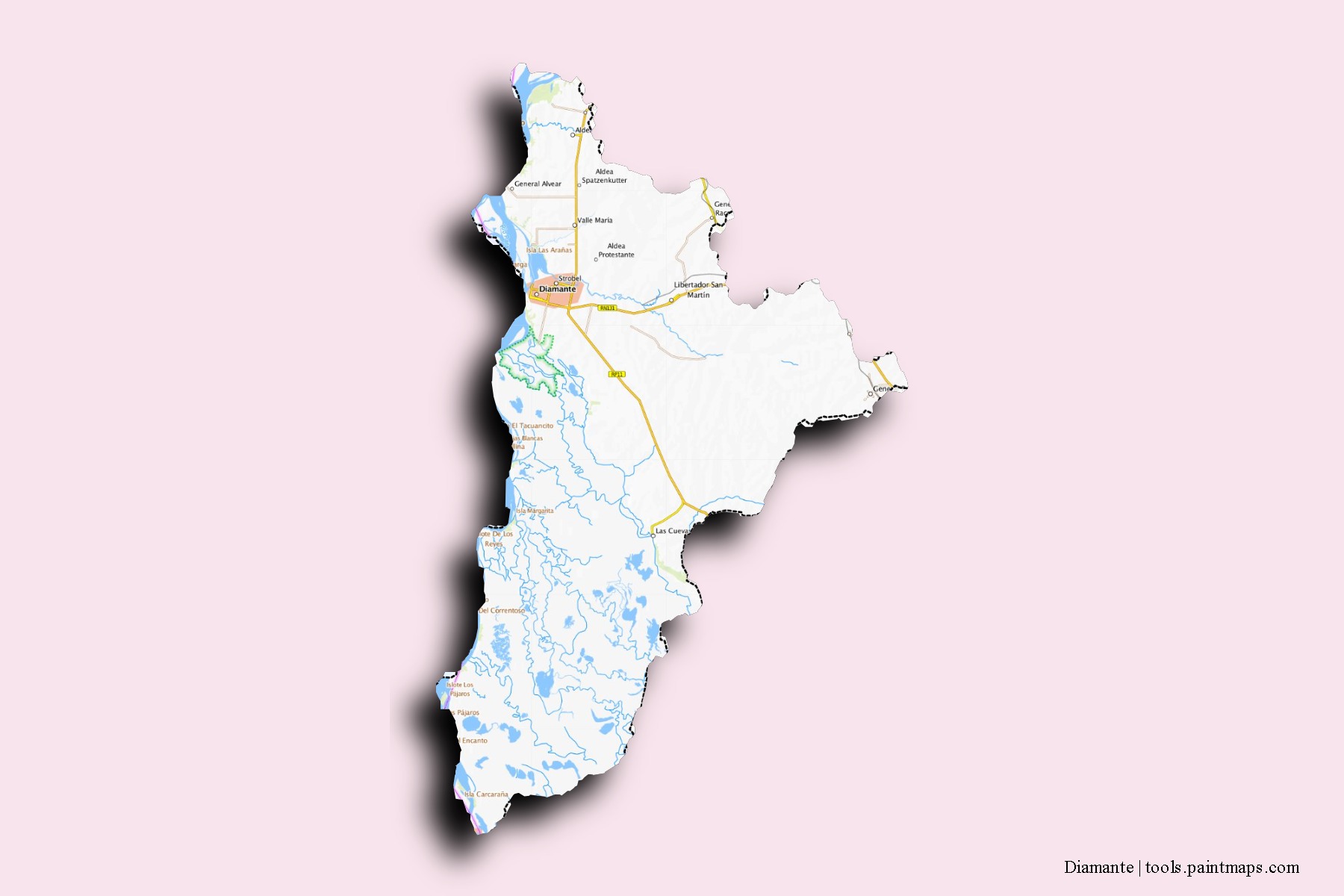 Diamante neighborhoods and villages map with 3D shadow effect