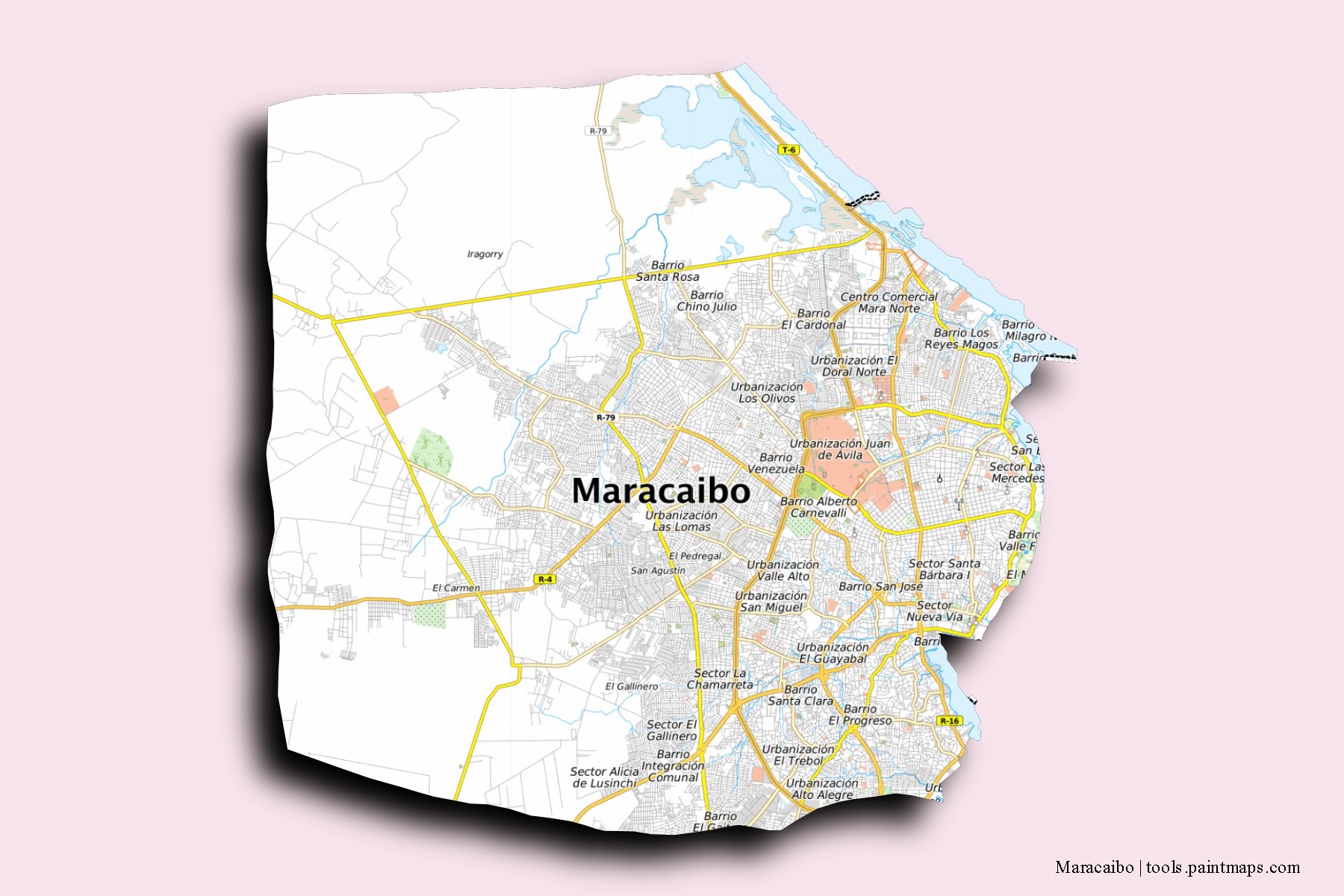 Mapa de barrios y pueblos de Maracaibo con efecto de sombra 3D