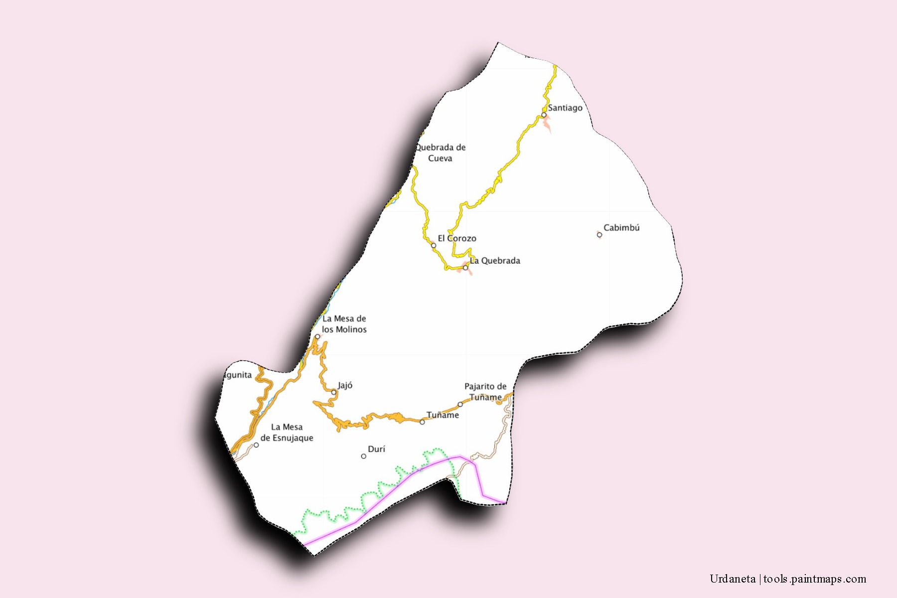 Mapa de barrios y pueblos de Urdaneta con efecto de sombra 3D