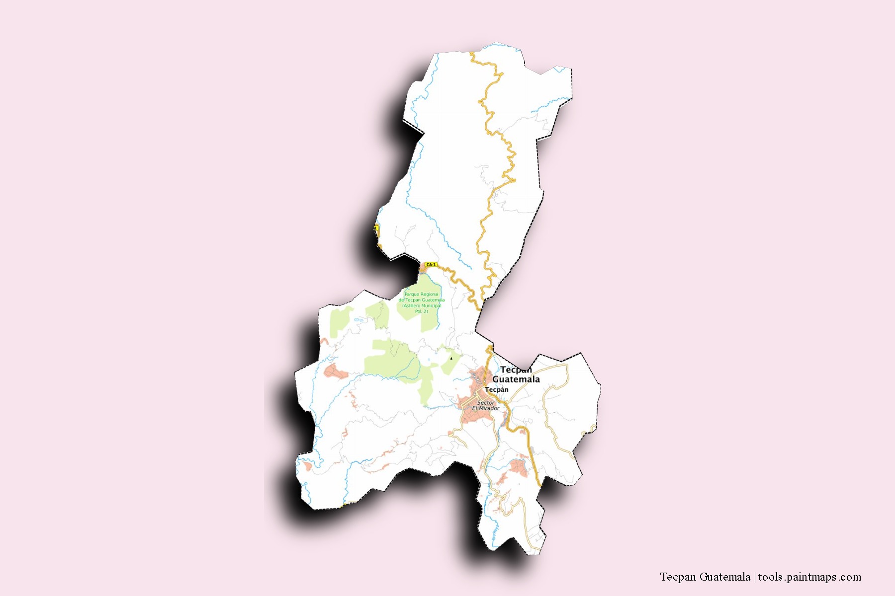 Mapa de barrios y pueblos de Tecpan Guatemala con efecto de sombra 3D