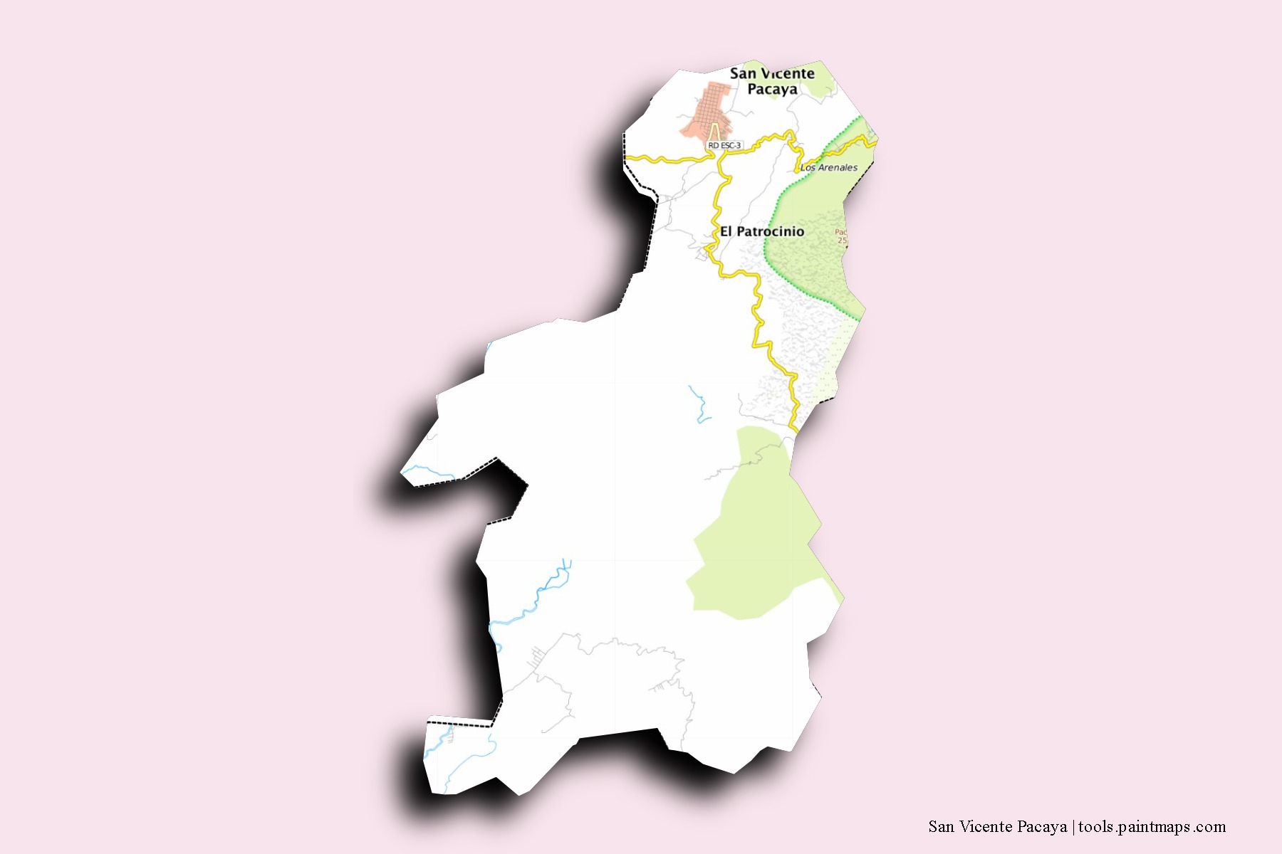 Mapa de barrios y pueblos de San Vicente Pacaya con efecto de sombra 3D