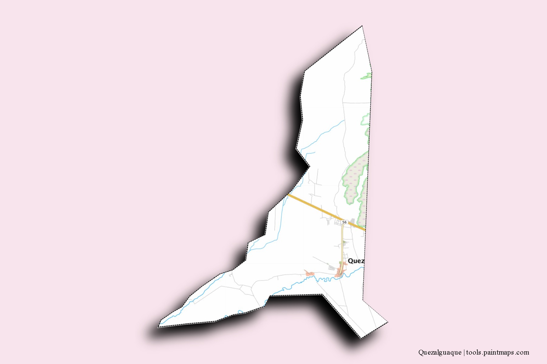 Mapa de barrios y pueblos de Quezalguaque con efecto de sombra 3D