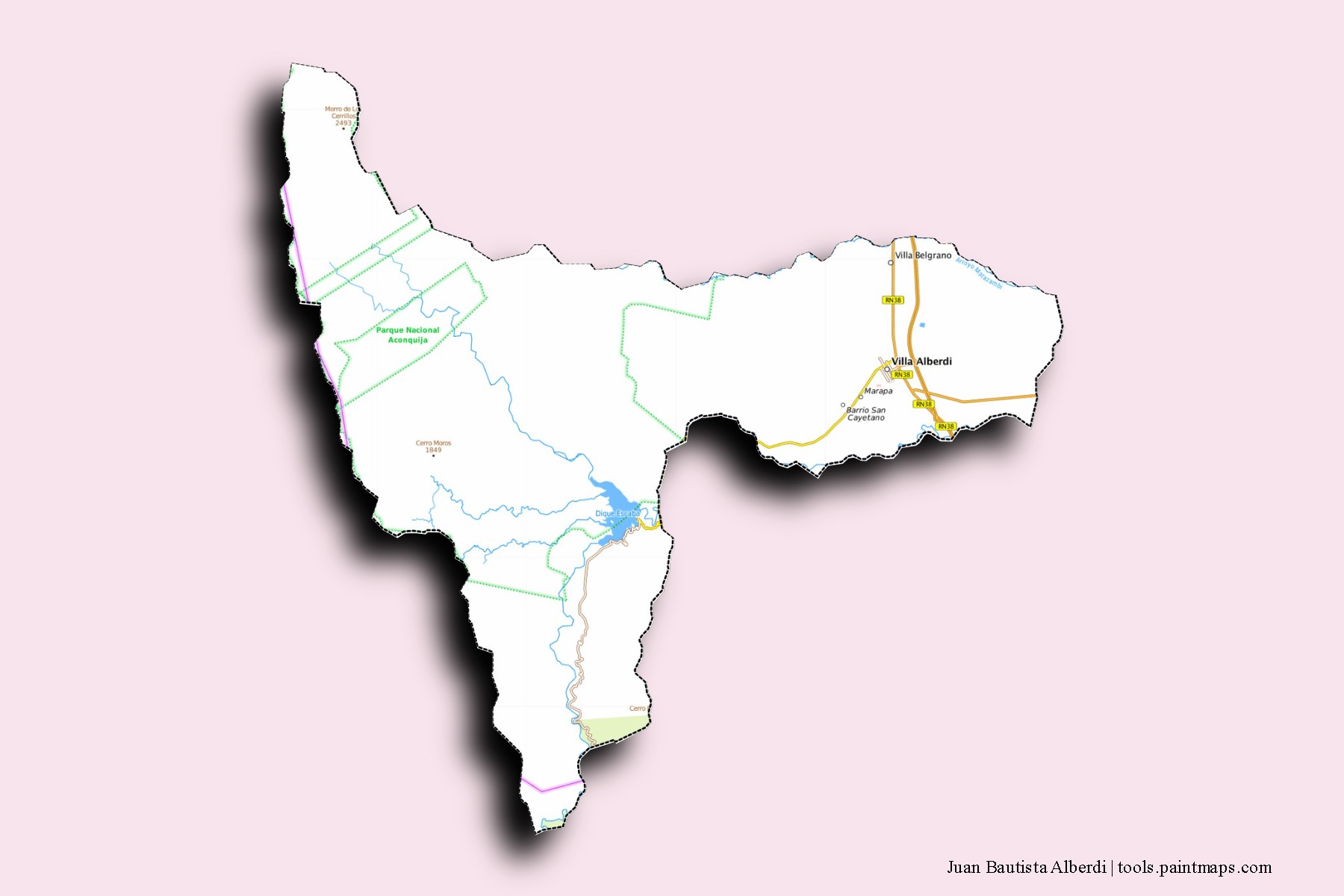 Juan B. Alberdi neighborhoods and villages map with 3D shadow effect