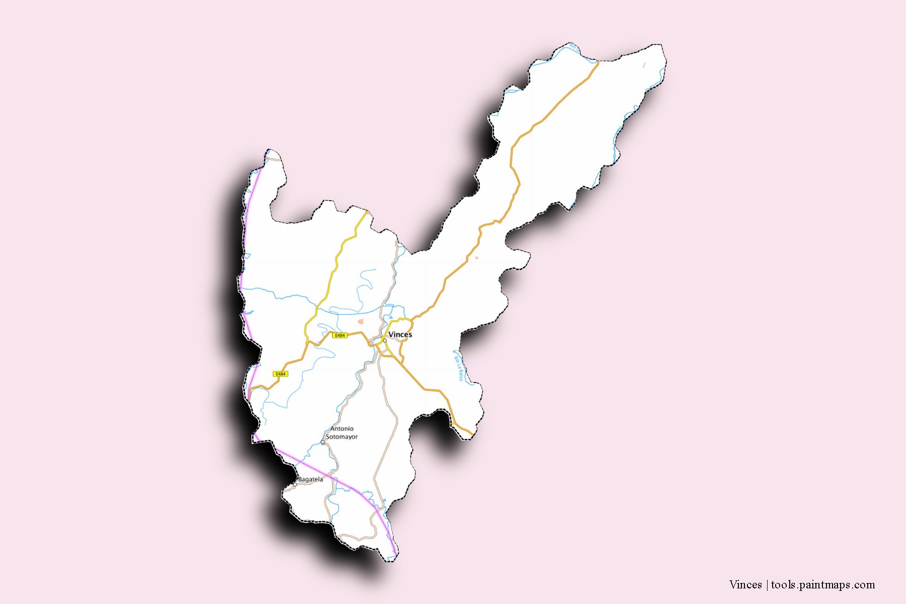 Mapa de barrios y pueblos de Vinces con efecto de sombra 3D