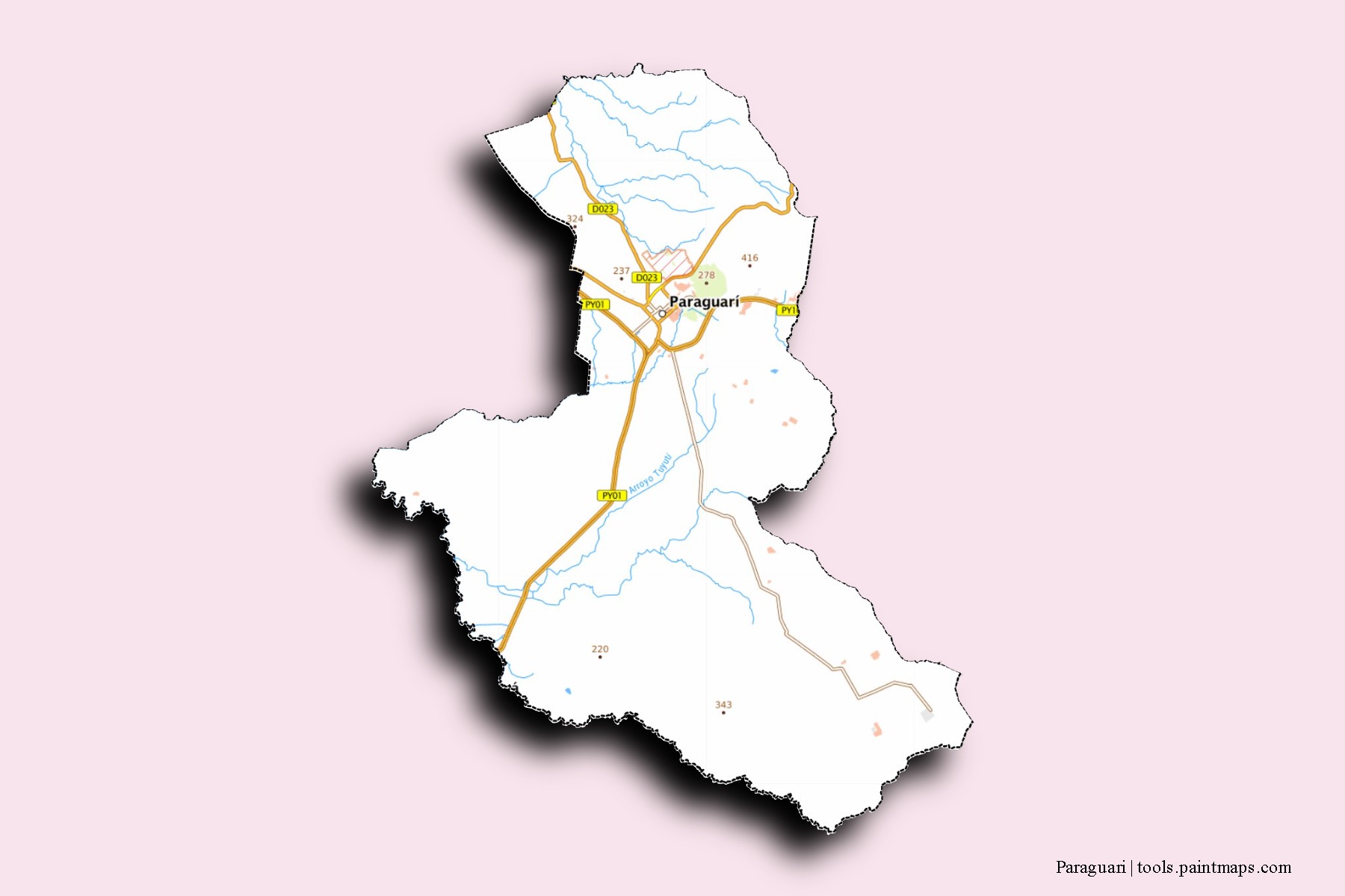 3D gölge efektli Paraguari mahalleleri ve köyleri haritası
