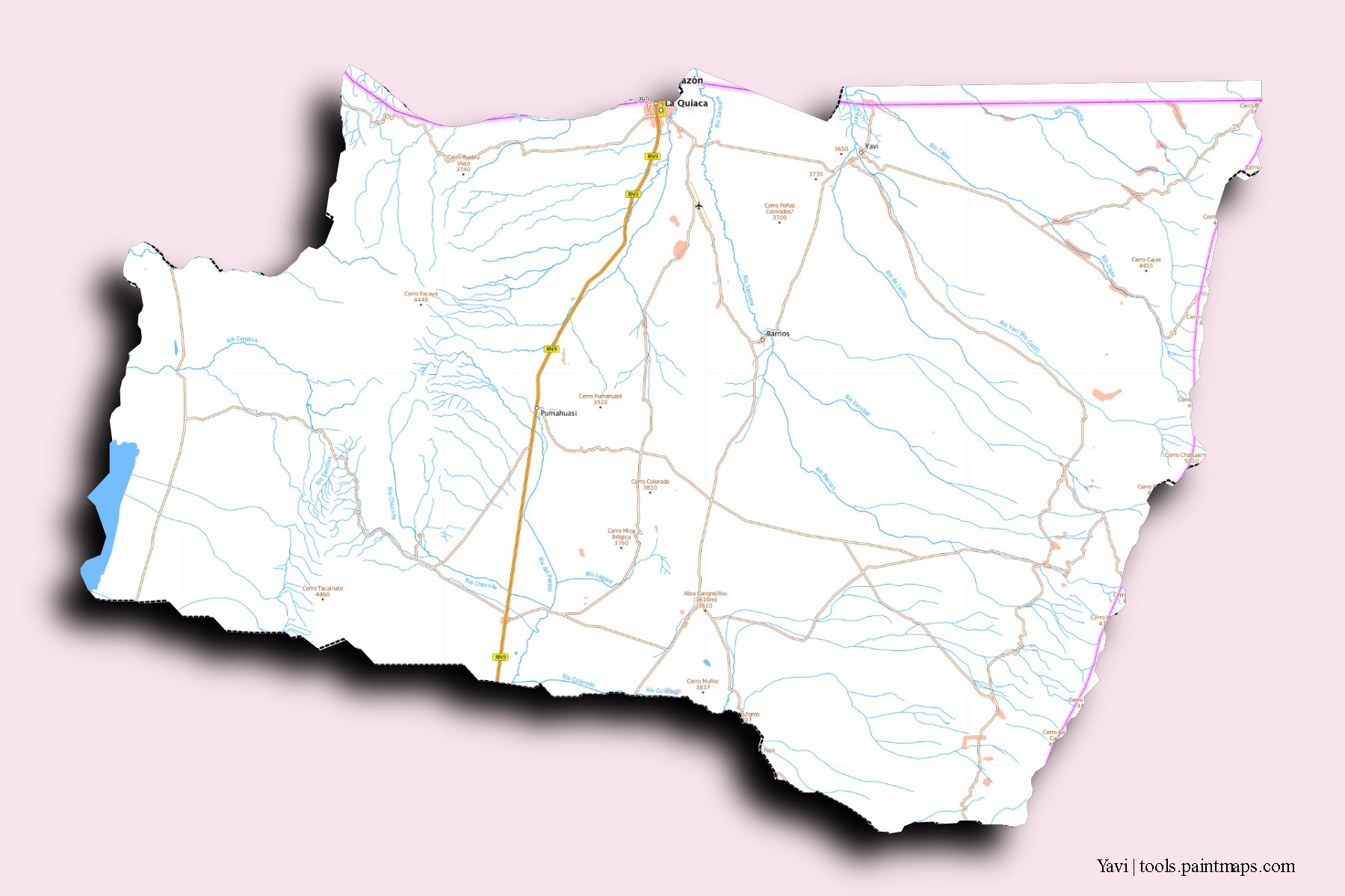 Yavi neighborhoods and villages map with 3D shadow effect