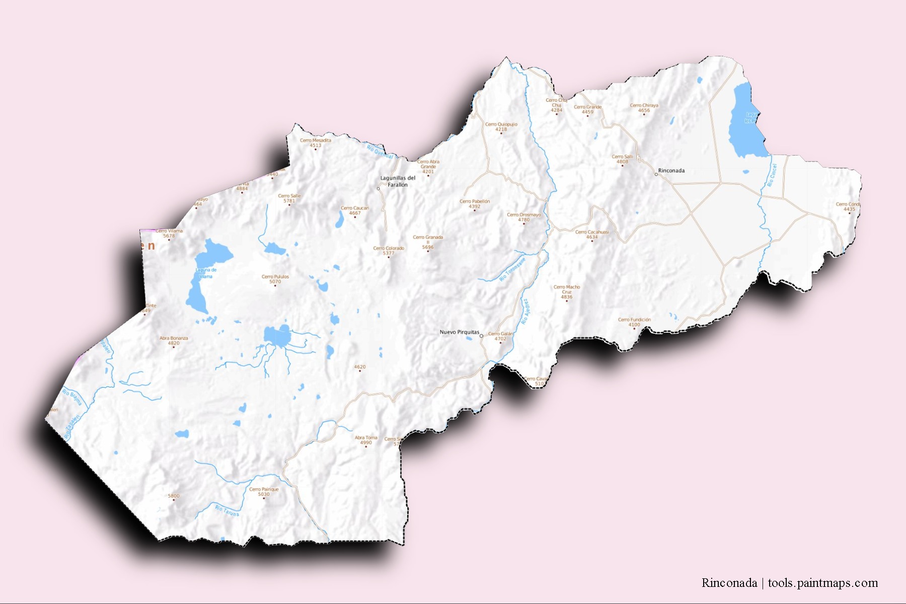 Mapa de barrios y pueblos de Rinconada con efecto de sombra 3D