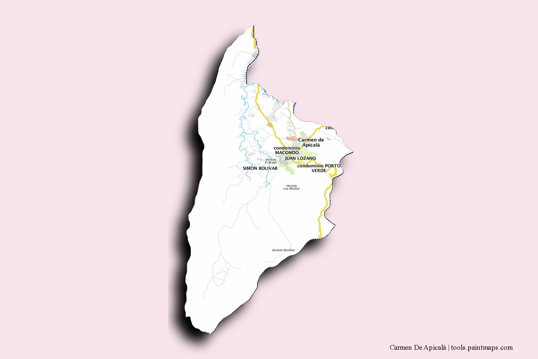 Mapa de barrios y pueblos de Carmen De Apicalá con efecto de sombra 3D