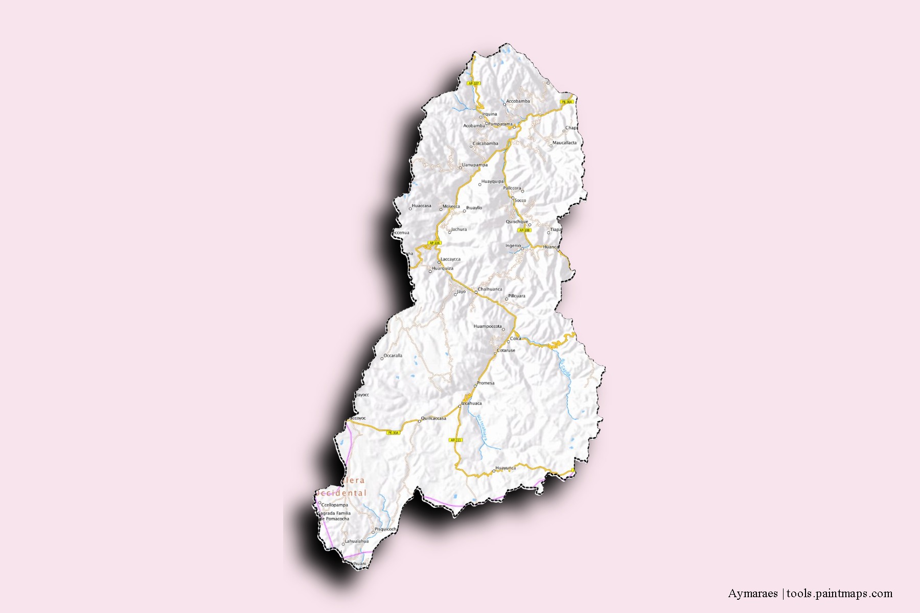 Mapa de barrios y pueblos de Aymaraes con efecto de sombra 3D