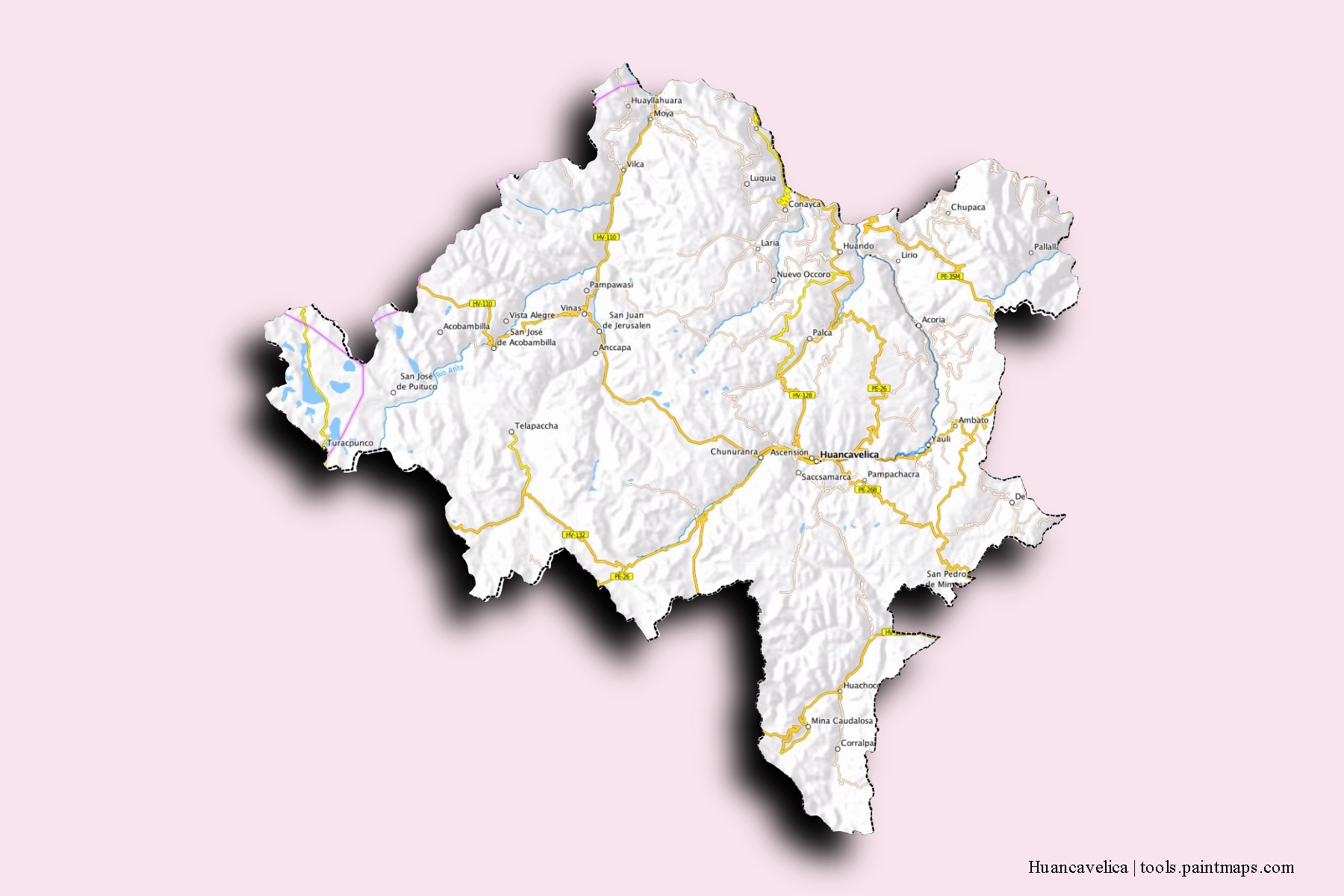 Mapa de barrios y pueblos de Huancavelica con efecto de sombra 3D