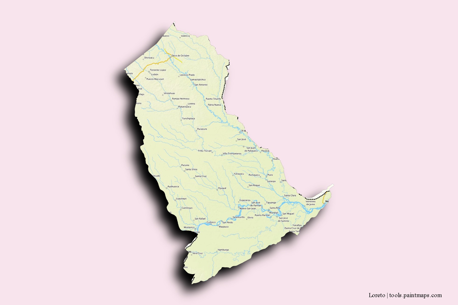 Mapa de barrios y pueblos de Loreto con efecto de sombra 3D