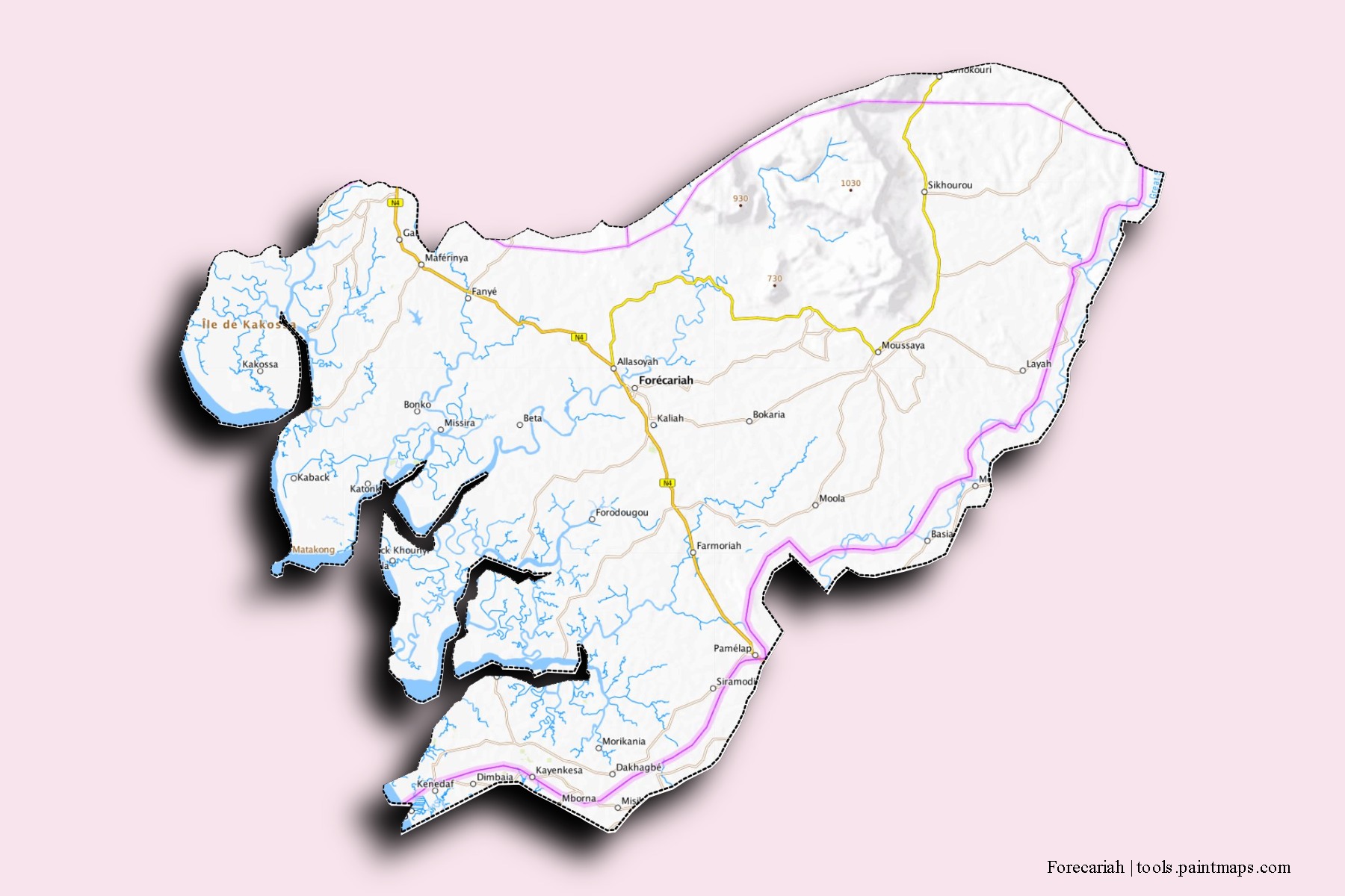 Mapa de barrios y pueblos de Forecariah con efecto de sombra 3D