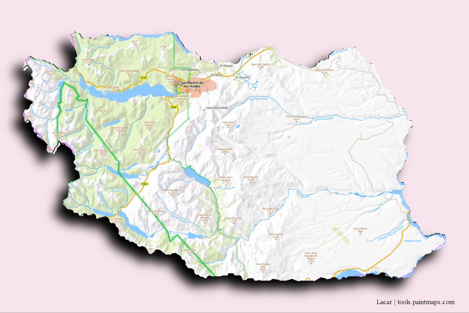 Lacar neighborhoods and villages map with 3D shadow effect