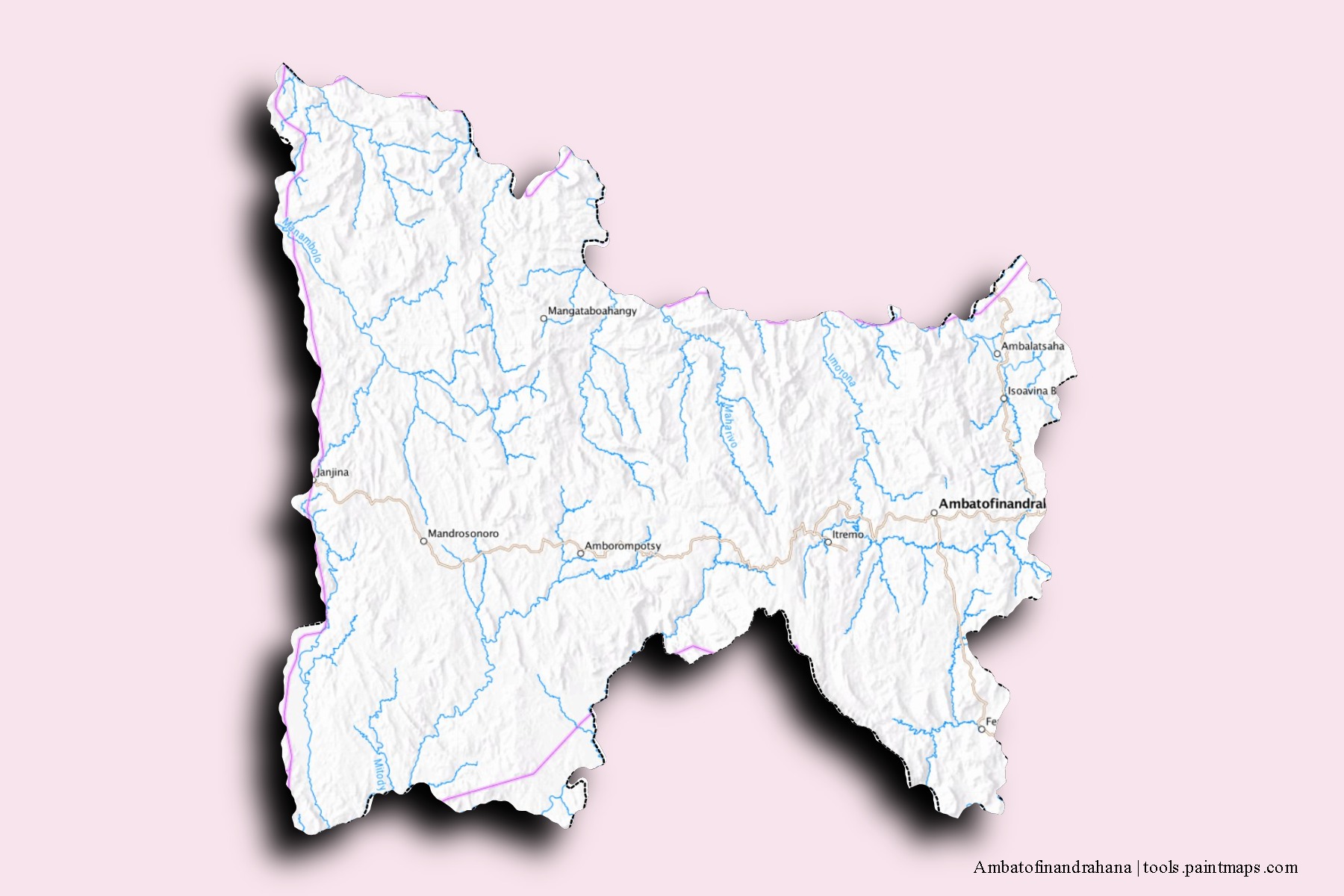 Mapa de barrios y pueblos de Ambatofinandrahana con efecto de sombra 3D