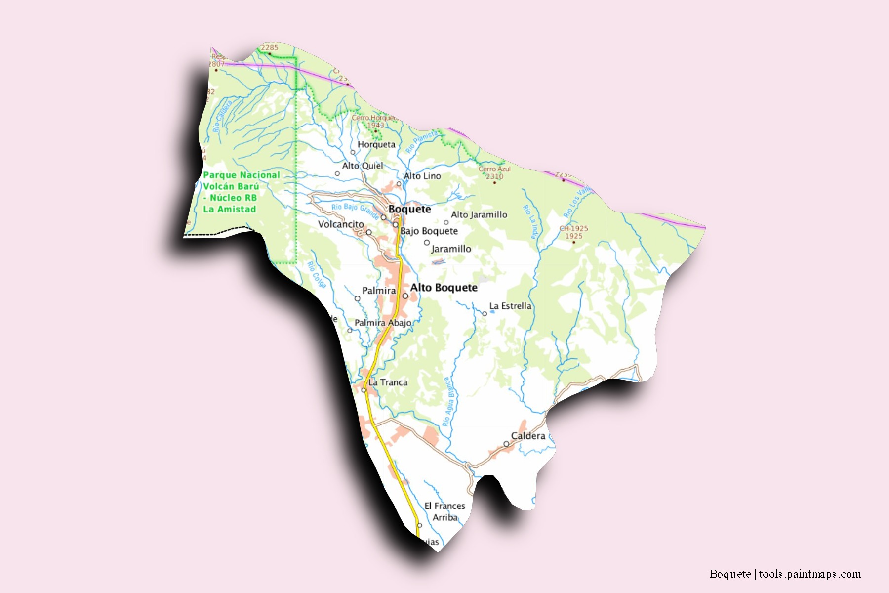 Boquete neighborhoods and villages map with 3D shadow effect