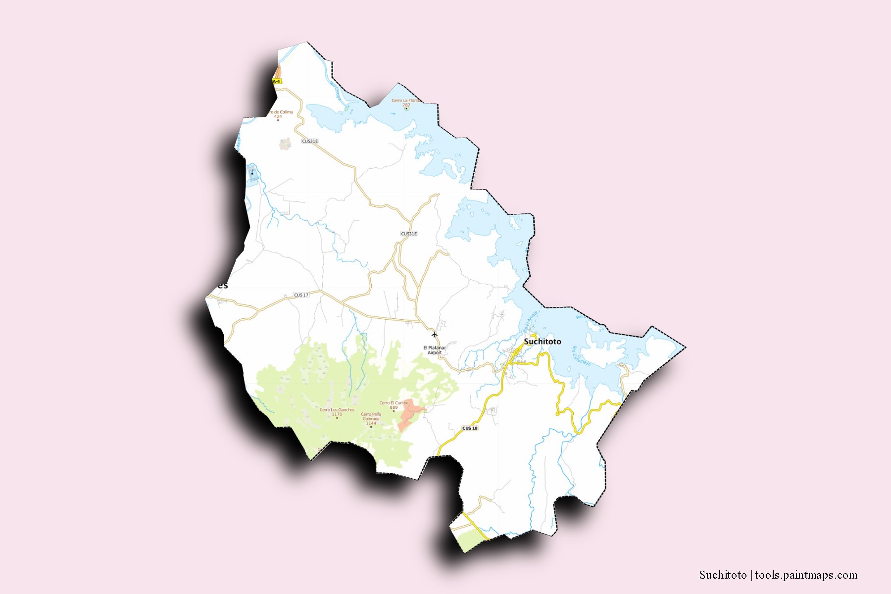 Suchitoto neighborhoods and villages map with 3D shadow effect