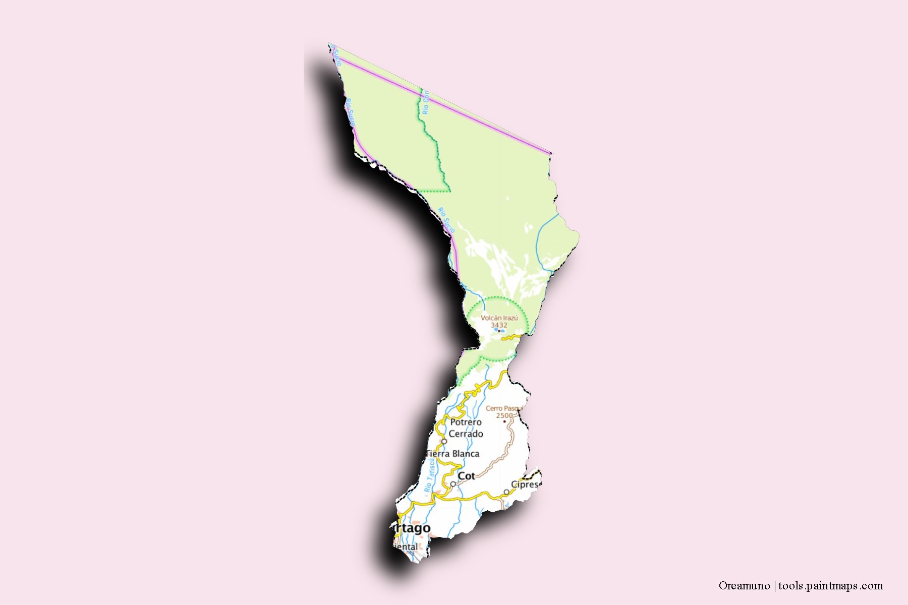 Mapa de barrios y pueblos de Oreamuno con efecto de sombra 3D