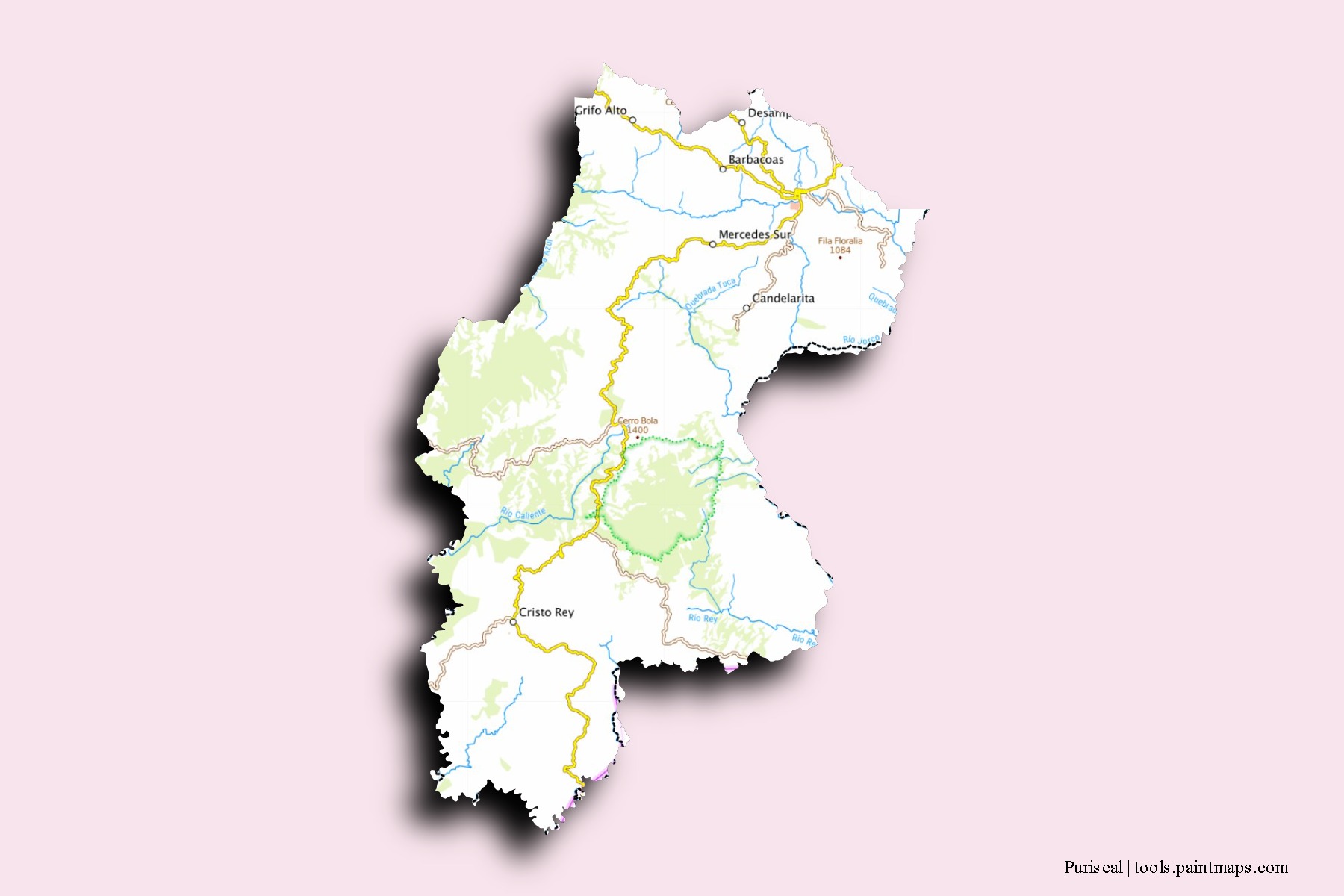 Mapa de barrios y pueblos de Puriscal con efecto de sombra 3D